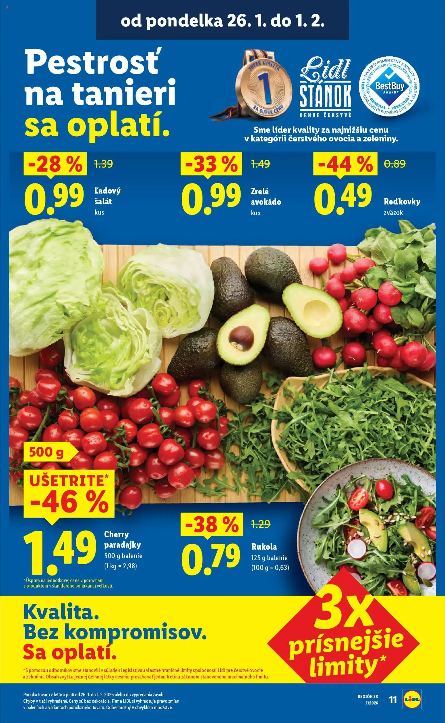 Nové Lidl akcie – leták je platný od 26.01.2026 | Strana: 11 | Produkty: Šalát, Avokádo, Cherry paradajky, Ovocie