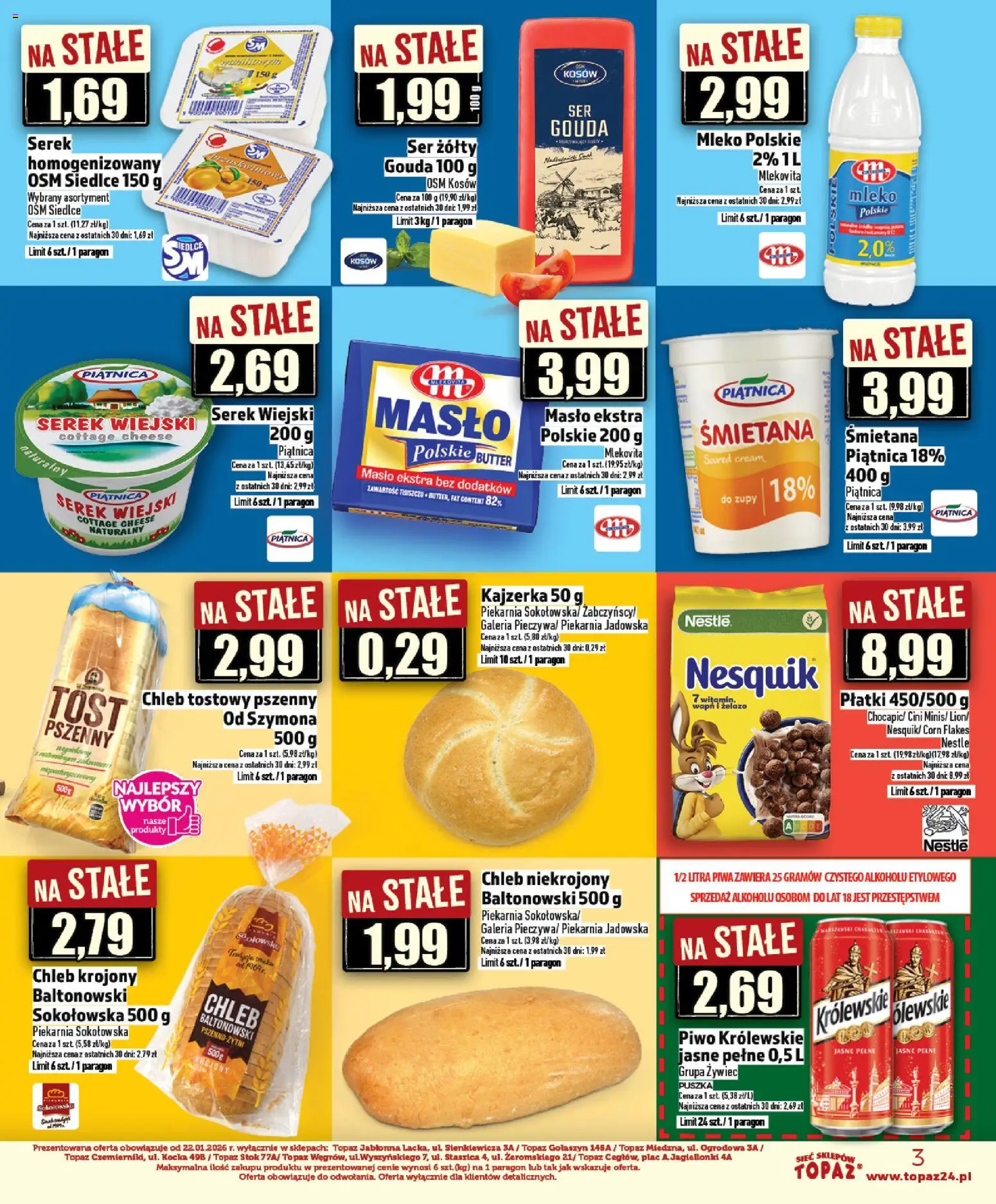 Topaz Gazetka - Ceny małe na stałe od 22.01.2026 | Strona: 3 | Produkty: Piekarnia, Ser, Śmietana, Płatki
