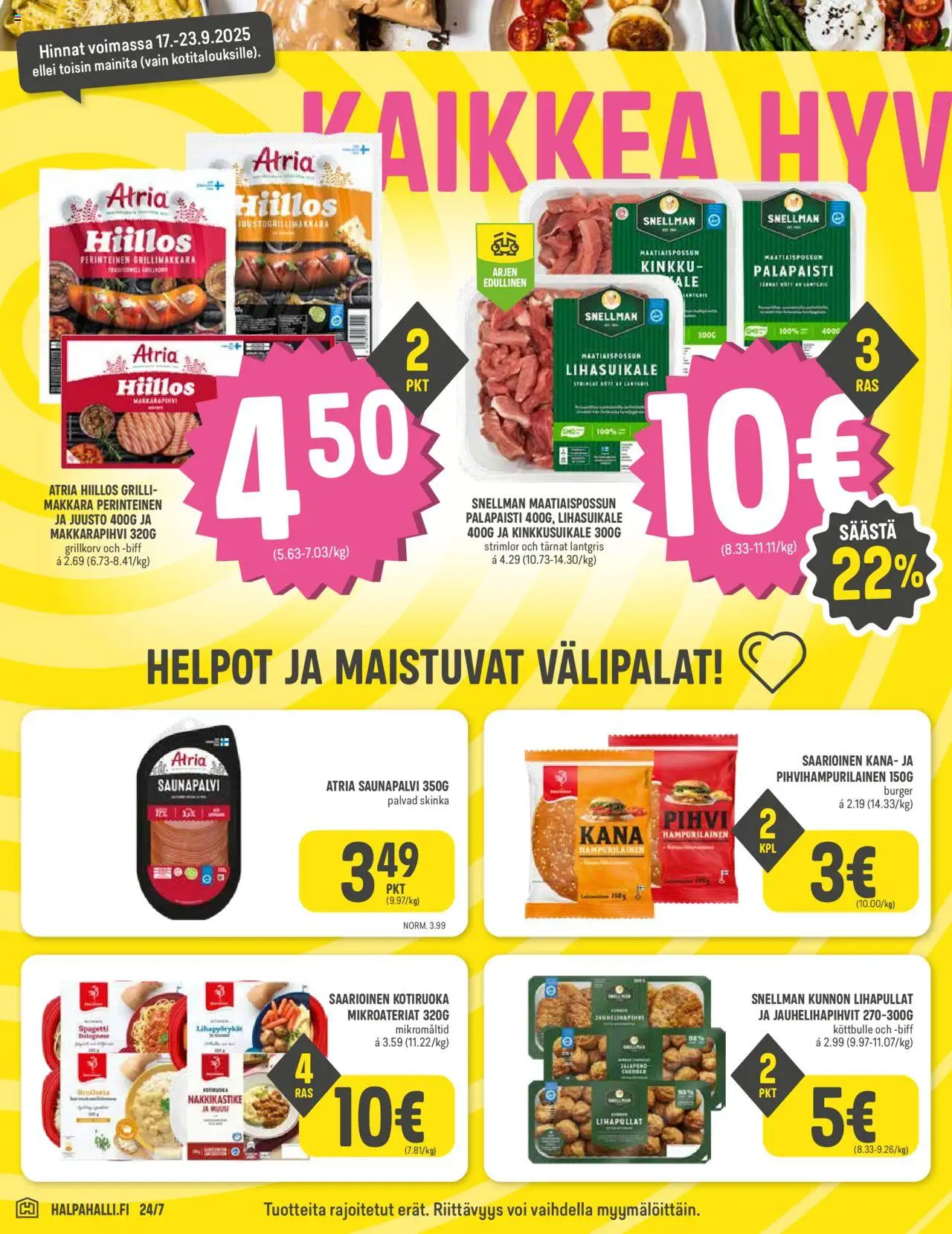 Halpa Halli tarjoukset – voimassa 17.09.2025 alkaen | Sivu: 2 | Tuotteet: Makkara, Voi, Grillimakkara, Hampurilainen