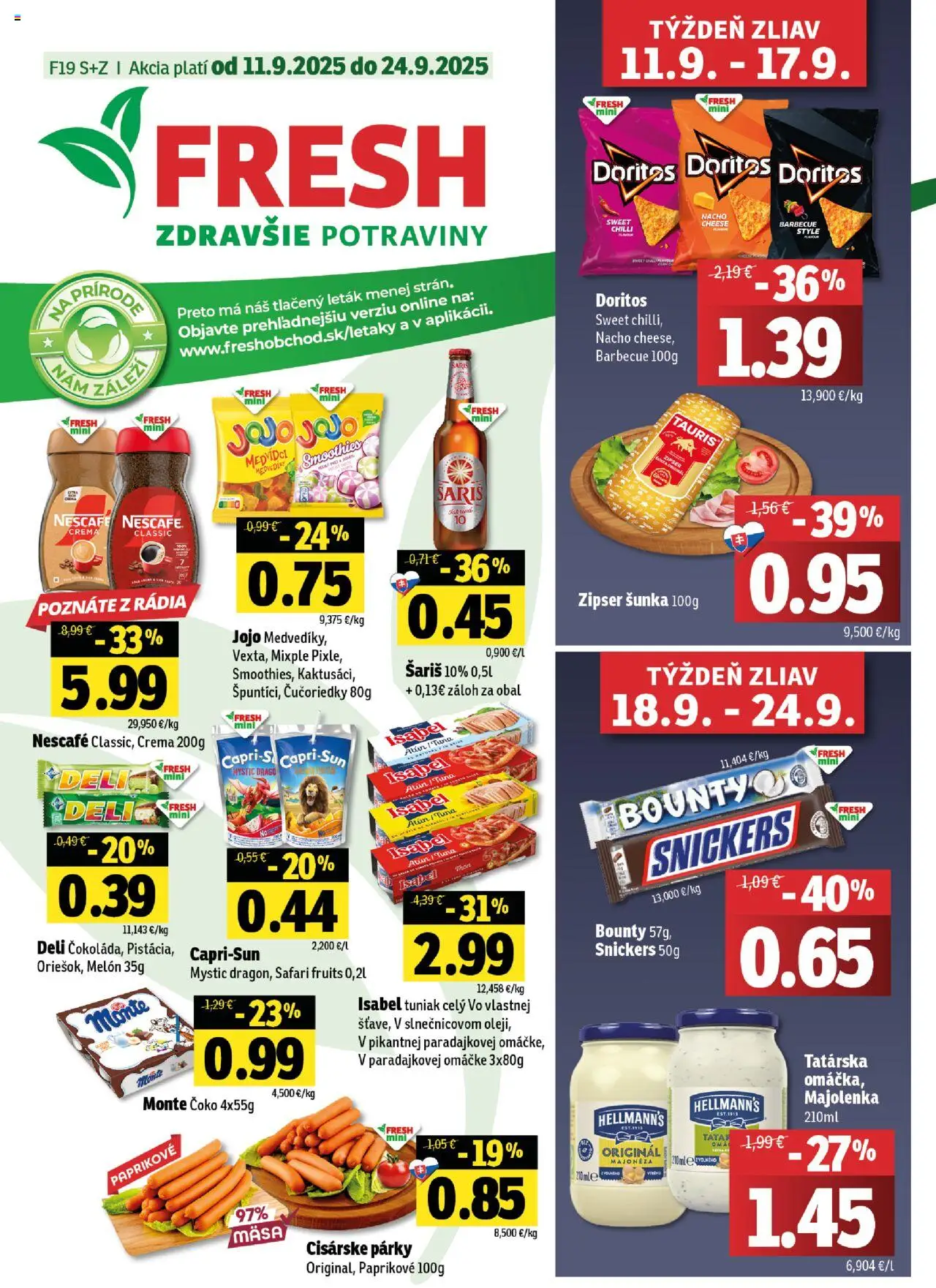 Nové Fresh akcie – leták je platný od 11.09.2025 | Strana: 1 | Produkty: Tuniak, Šunka, Čučoriedky, Melón
