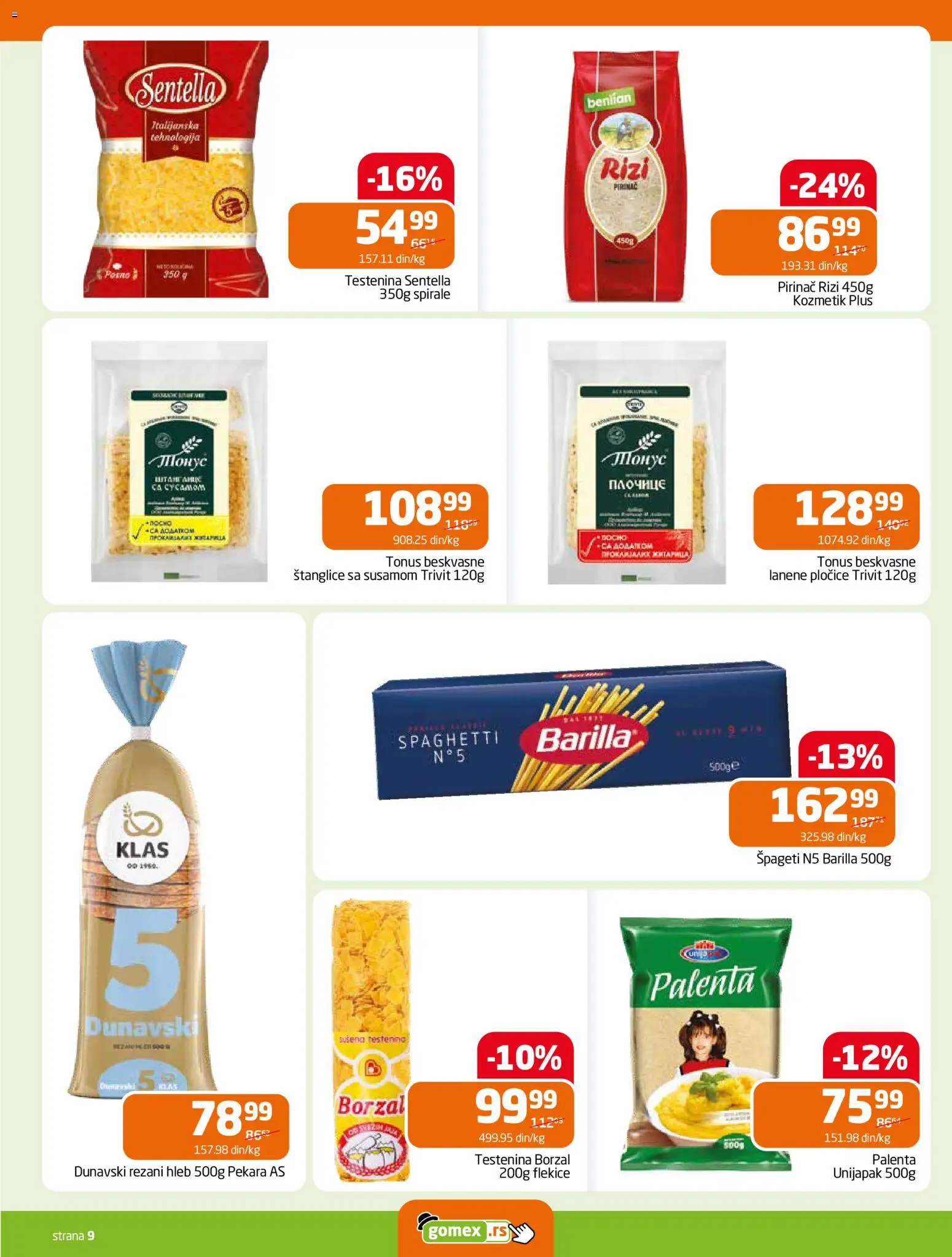 Gomex katalog - važi od 22.10.2025 | Strana: 9 | Proizvode: Palenta, Špageti, Hleb, Pirinač