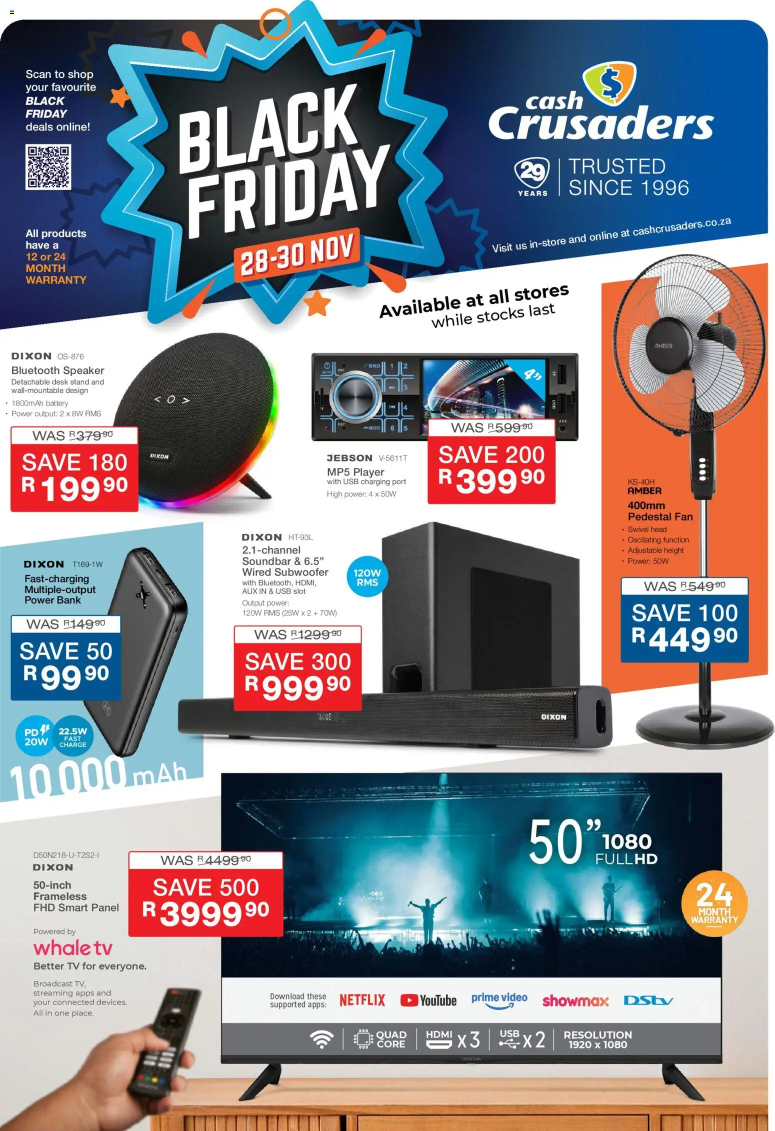 New Cash Crusaders catalogue – valid from 28.11.2025 | Page: 1 | Products: Fan, Battery, Soundbar, Subwoofer