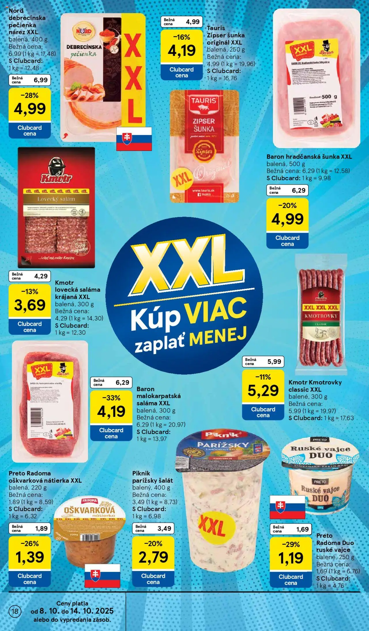 Nové Tesco akcie – leták je platný od 08.10.2025 | Strana: 18 | Produkty: Saláma, Šunka, Šalát