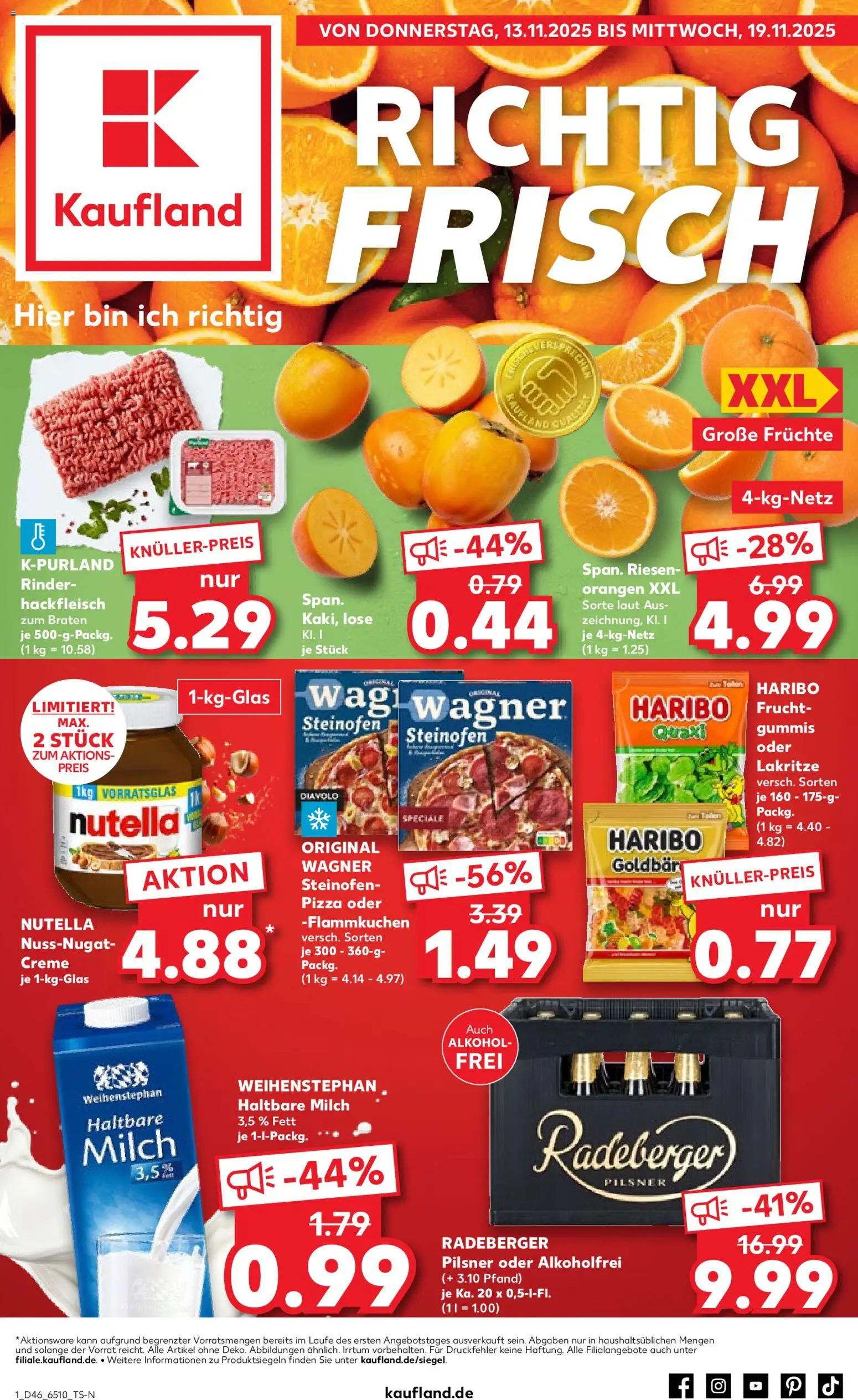 Kaufland prospekt Köln	 – gültig ab 13.11.2025 | Seite: 1 | Produkte: Milch, Orangen, Nutella, Pizza