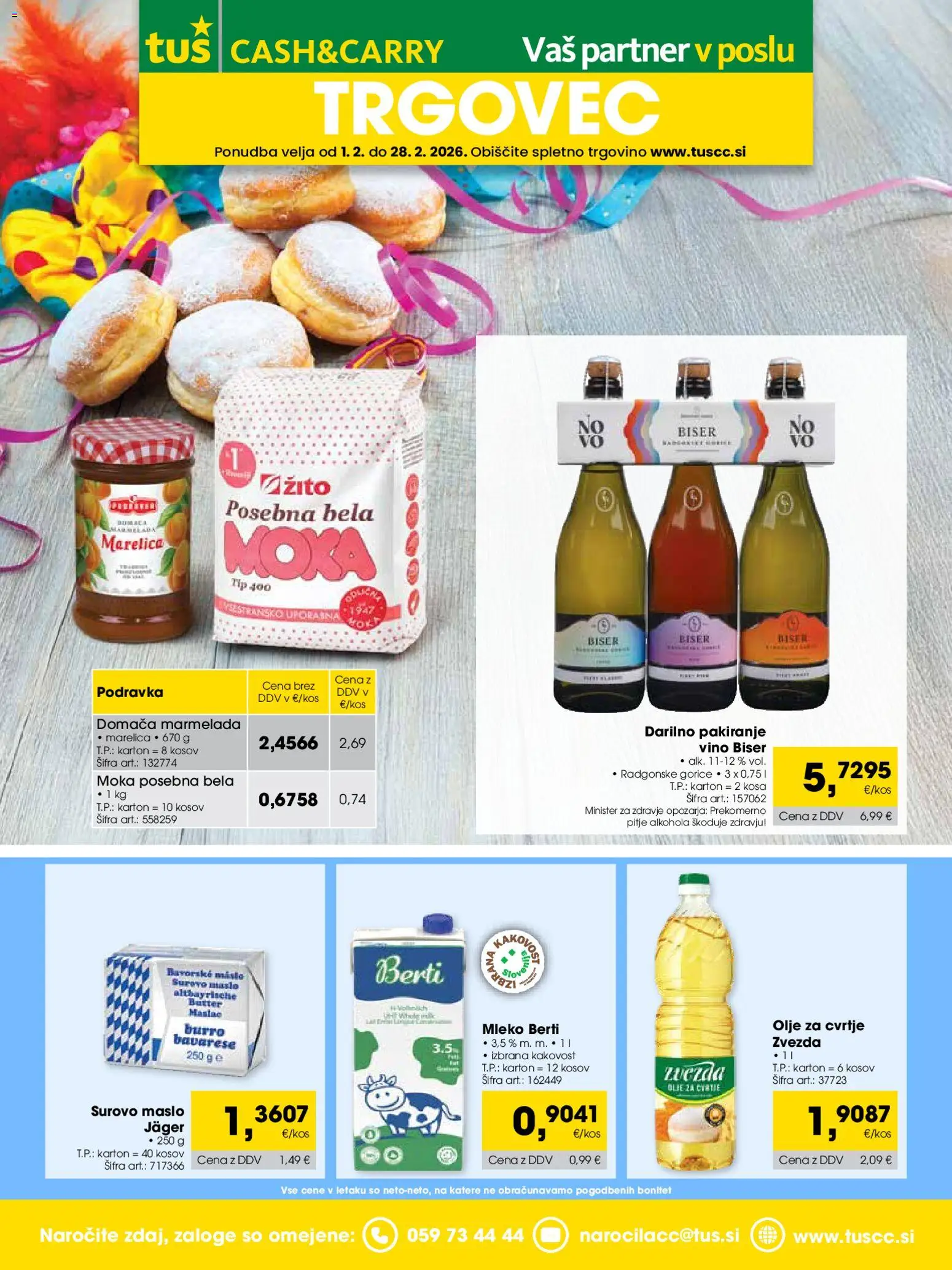 Novi Tuš katalog ponudbe – veljaven od 01.02.2026 | Stran: 1 | Izdelki: Moka, Marmelada, Maslo, Vino