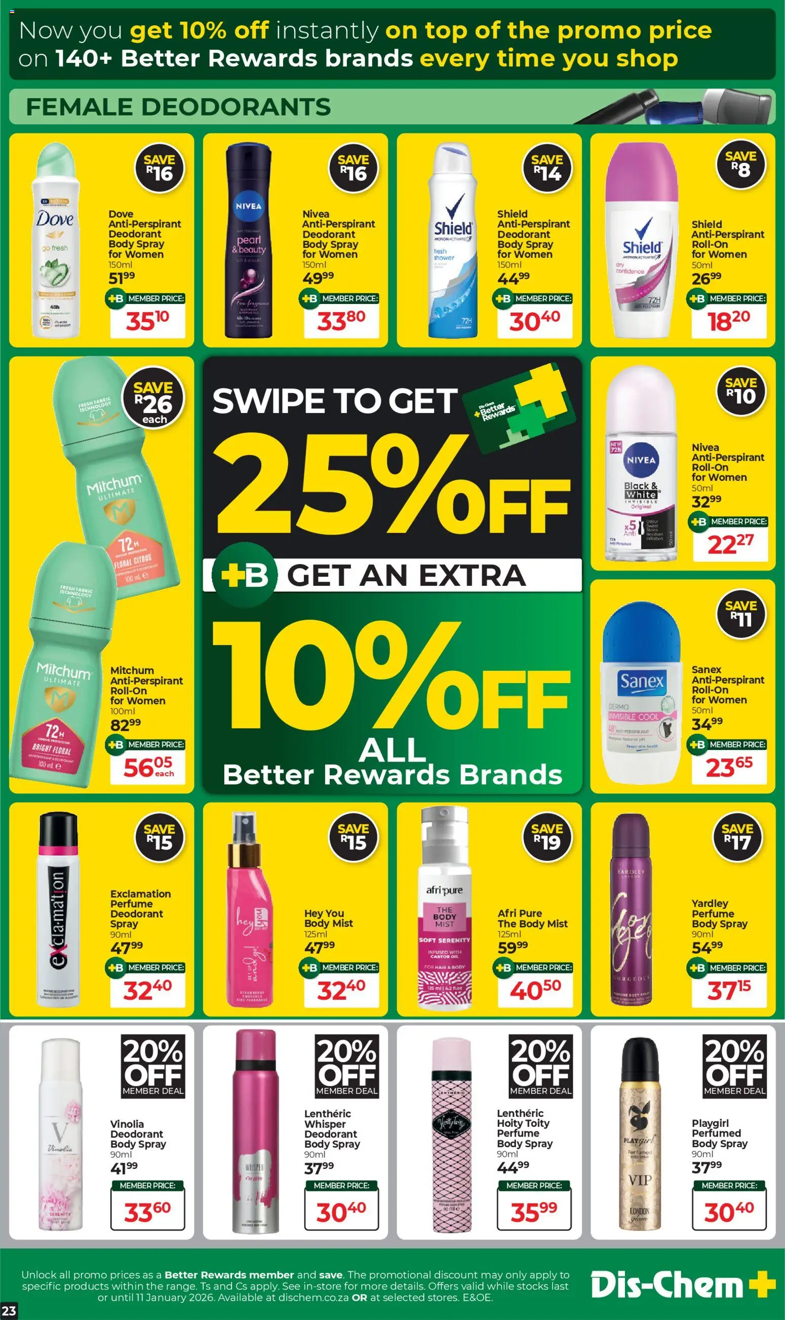 New Dis-Chem catalogue – valid from 09.12.2025 | Page: 23 | Products: Shower, Body spray, Deodorant, Antiperspirant