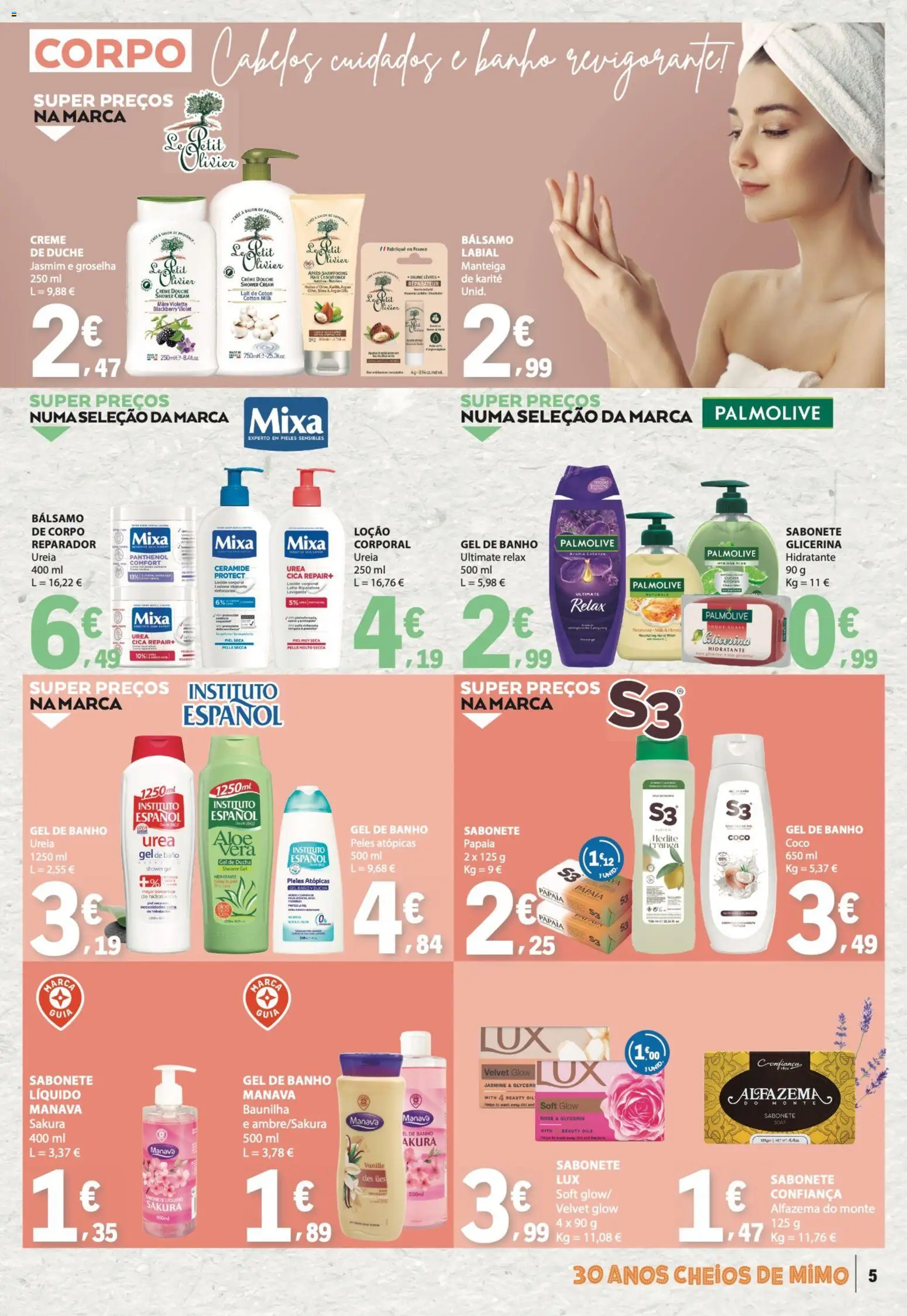 E.Leclerc folheto Especial Beleza │ válido de 07.04.2026 | Página: 5 | Produtos: Gel de banho, Sabonete, Banho, Creme