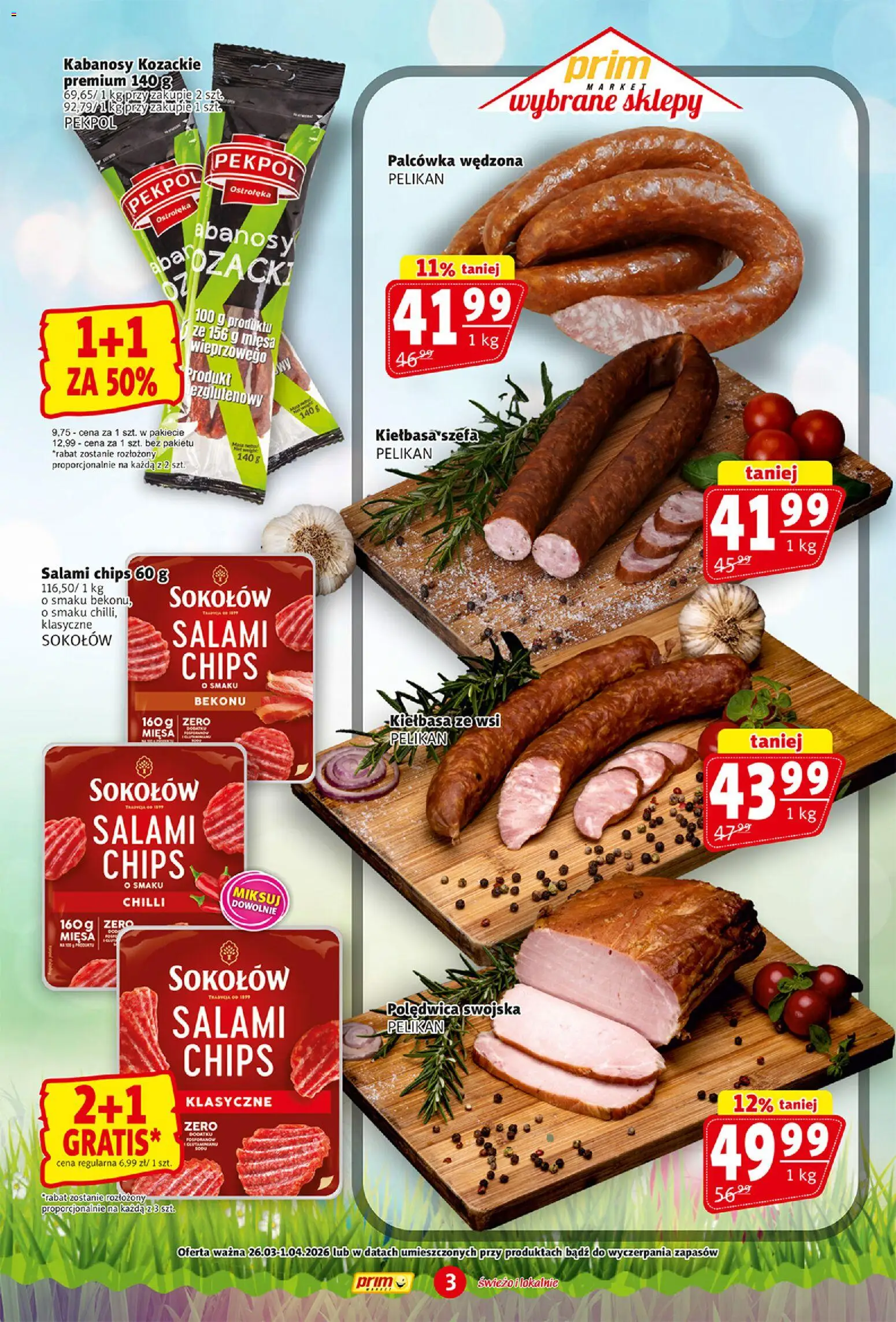 Prim Market gazetka od 26.03.2026 | Strona: 3 | Produkty: Kiełbasa, Kabanosy, Salami