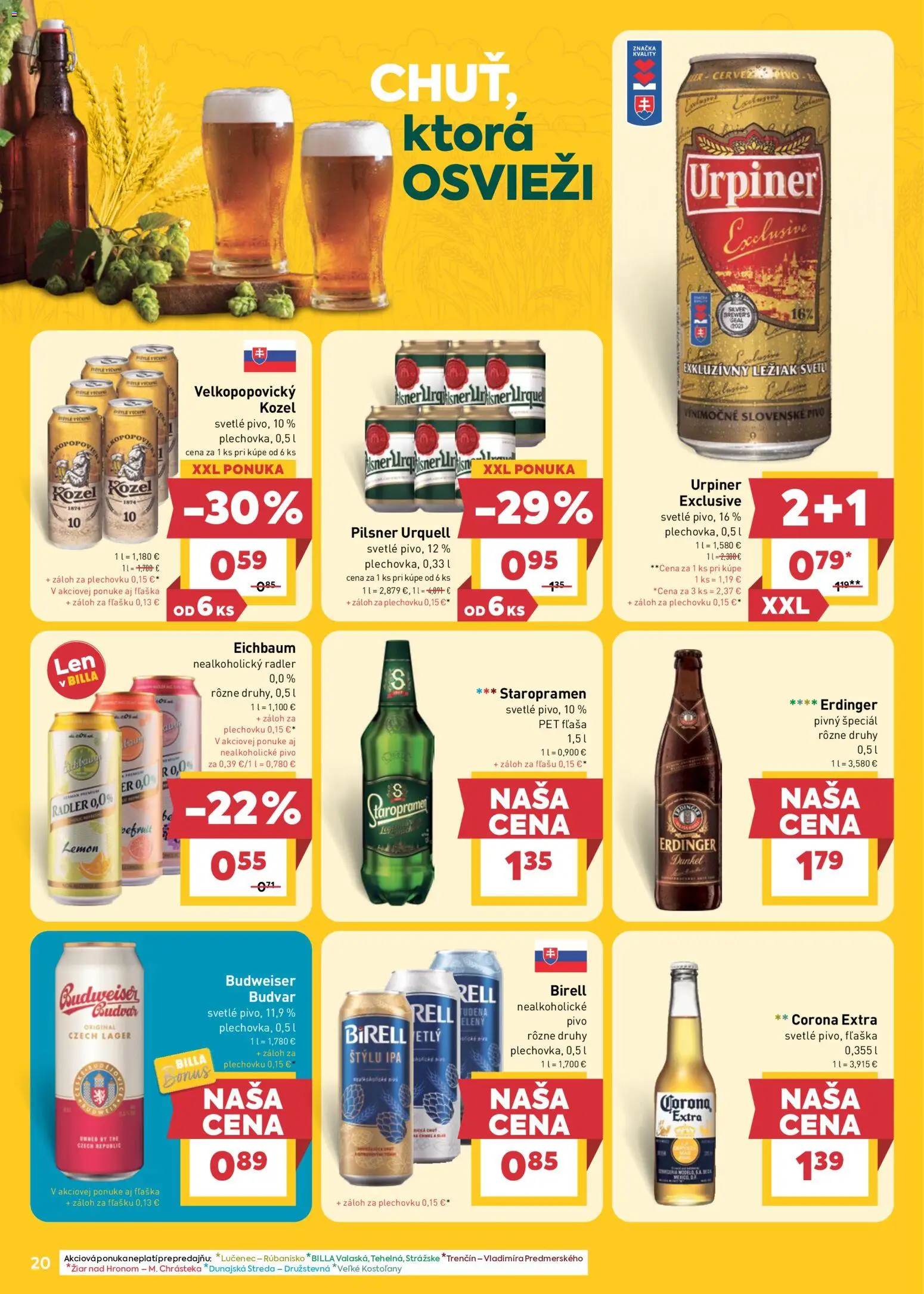 Nové Billa akcie – leták je platný od 29.04.2026 | Strana: 22 | Produkty: Pilsner Urquell, Radler, Nealkoholické pivo, Urpiner