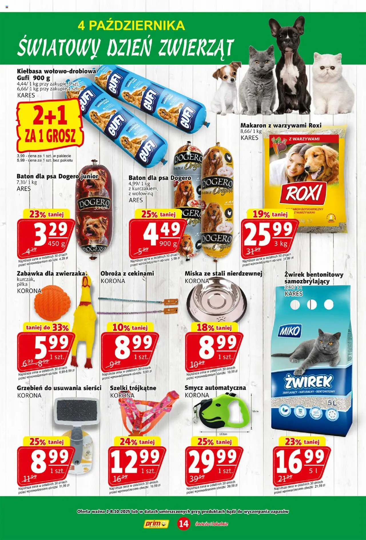 Prim Market Gazetka od 02.10.2025 | Strona: 14 | Produkty: Kiełbasa, Baton, Żwirek bentonitowy, Grzebień