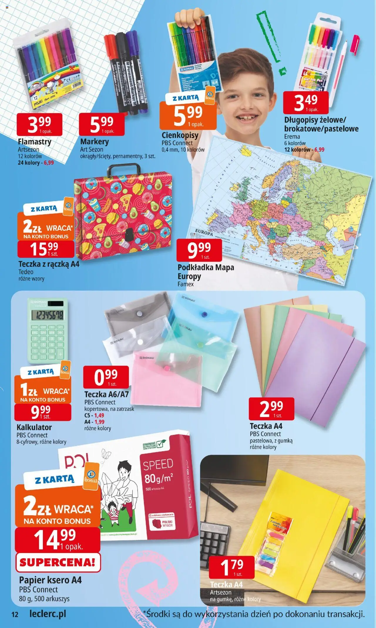 E.Leclerc Gazetka od 12.08.2025 | Strona: 12 | Produkty: Karta, Kalkulator, Papier ksero