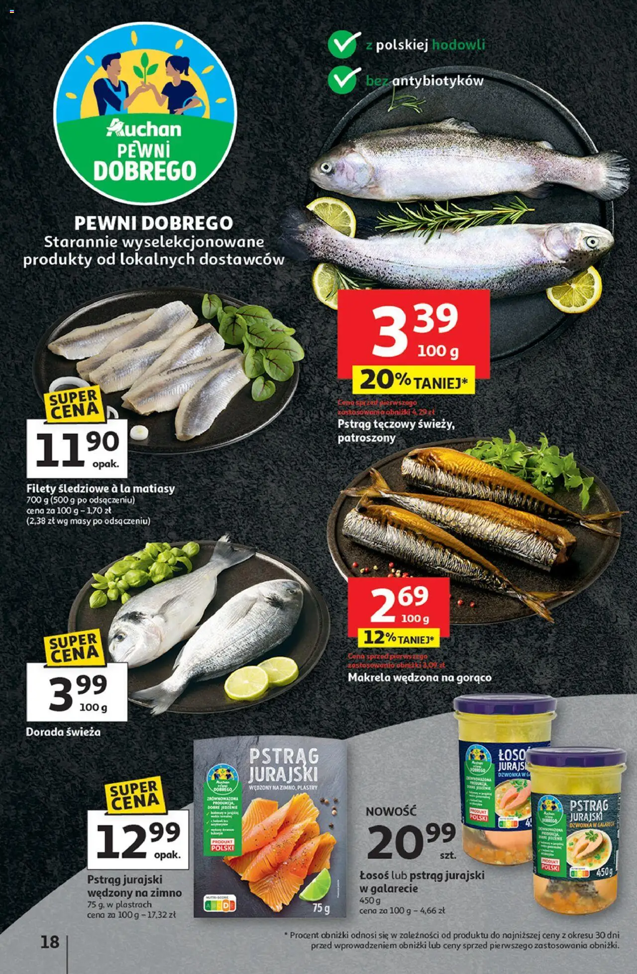 Auchan Gazetka - Pewność niskich cen Hipermarket od 18.09.2025 | Strona: 18 | Produkty: Makrela wędzona, Pstrąg, Makrela, Dorada