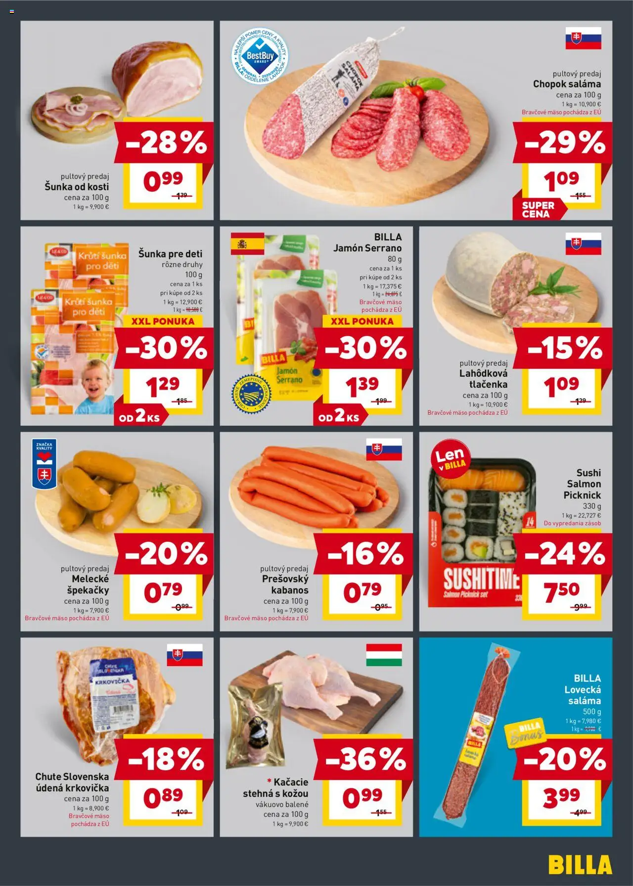 Nové Billa akcie – leták je platný od 10.09.2025 | Strana: 9 | Produkty: Saláma, Šunka, Krkovička, Sushi