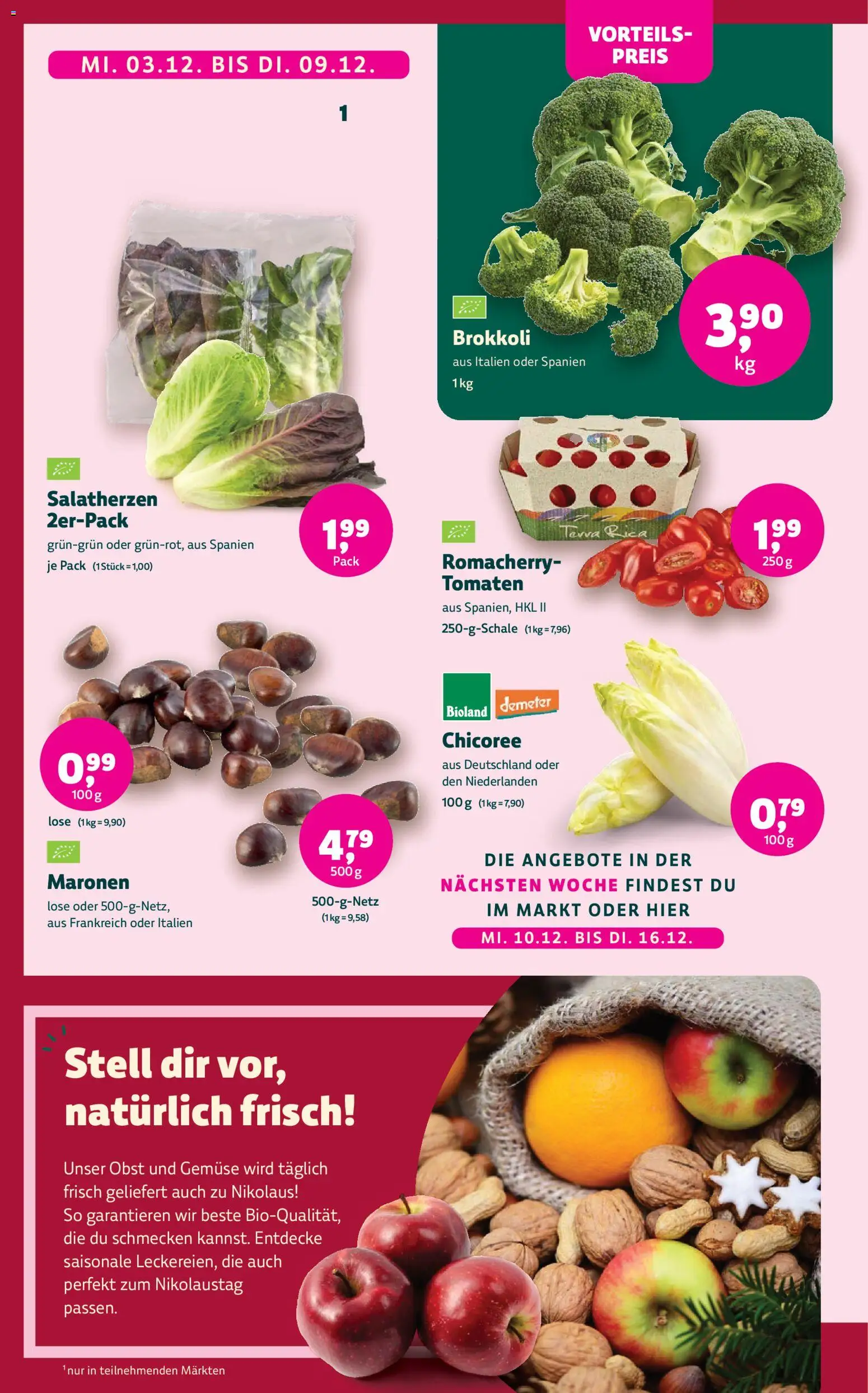 BioMarkt Prospekt – gültig ab 03.12.2025 | Seite: 2 | Produkte: Tomaten, Gemüse, Obst, Brokkoli