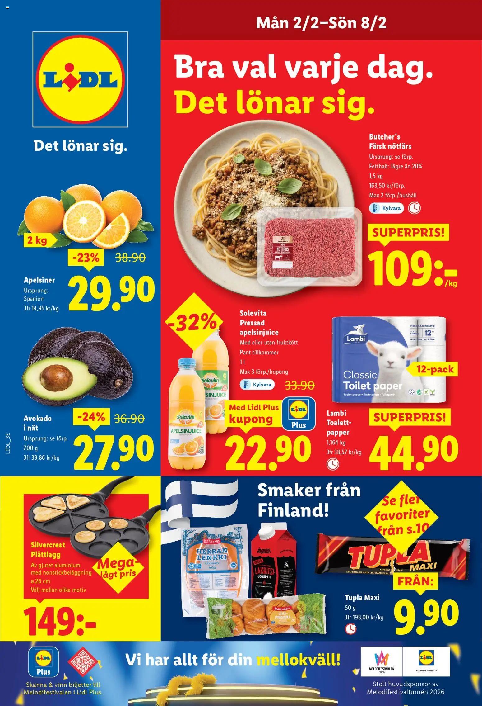 Lidl reklamblad aktuell från 02.02.2026 | Sida: 1 | Produkter: Nötfärs, Toalett, Apelsiner, Papper