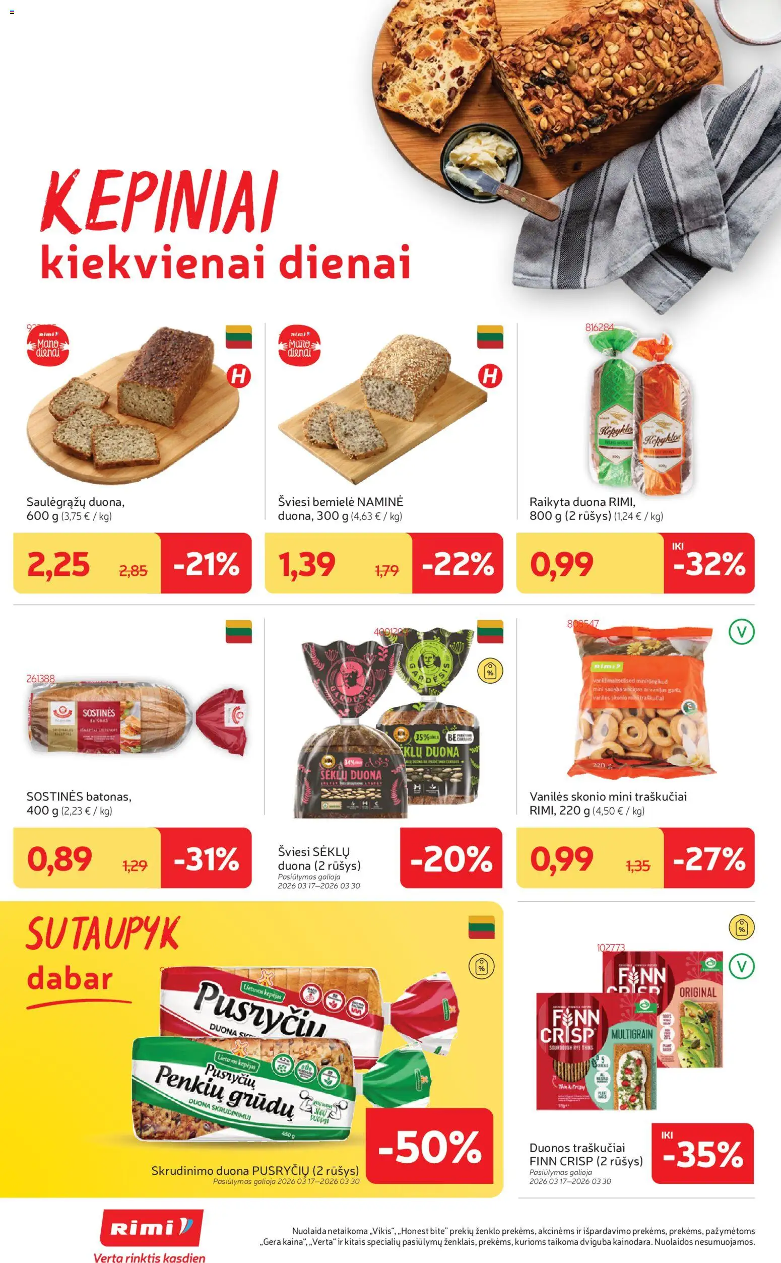 Rimi akcijos nuo 17.03.2026 | Puslapis: 16 | Prekių: Duona skrudinimui, Kepykla, Duona, Traškučiai