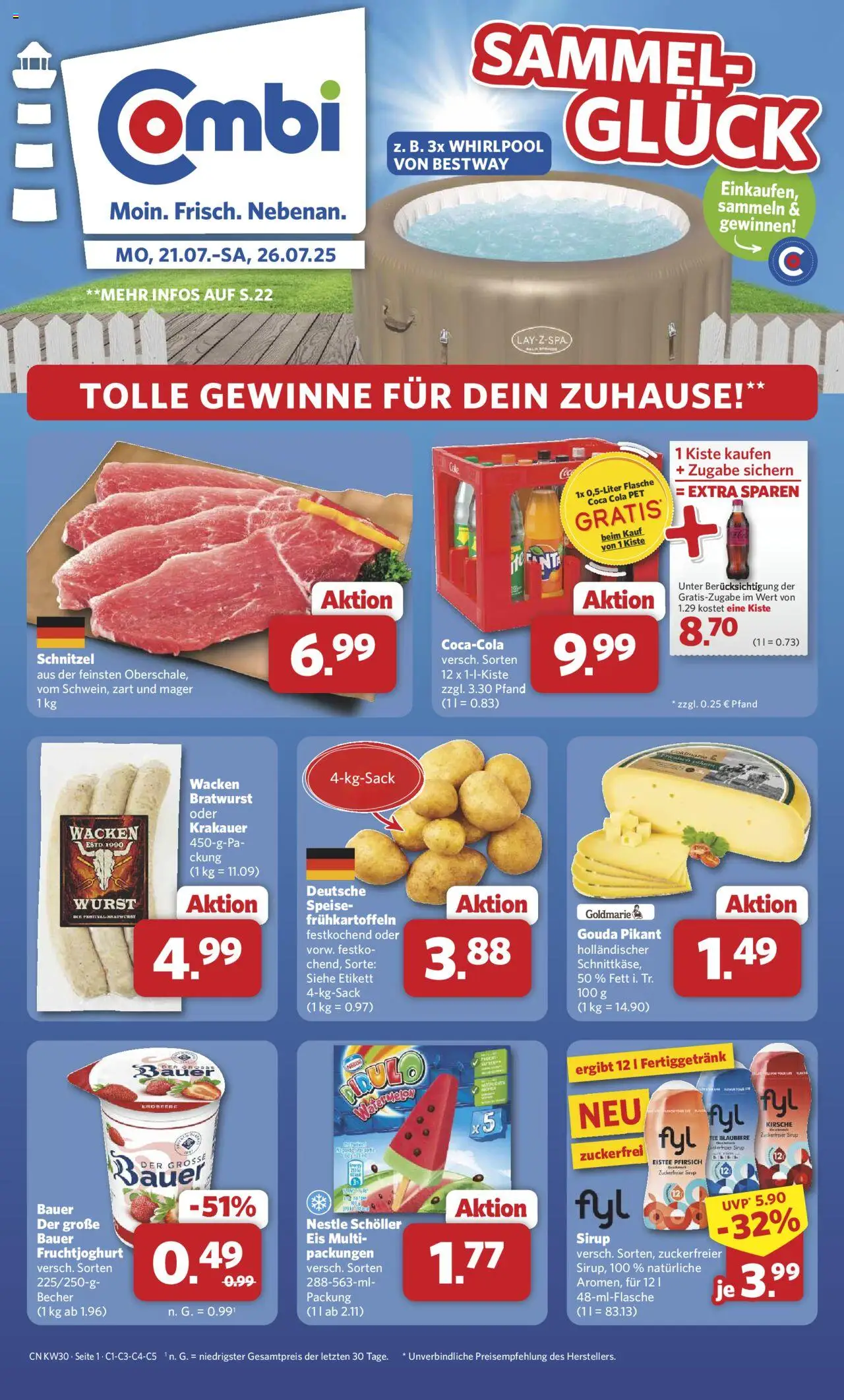 Combi Prospekt 	 - gültig ab dem 21.07.2025 | Seite: 1 | Produkte: Cola, Bratwurst, Schnitzel, Tee