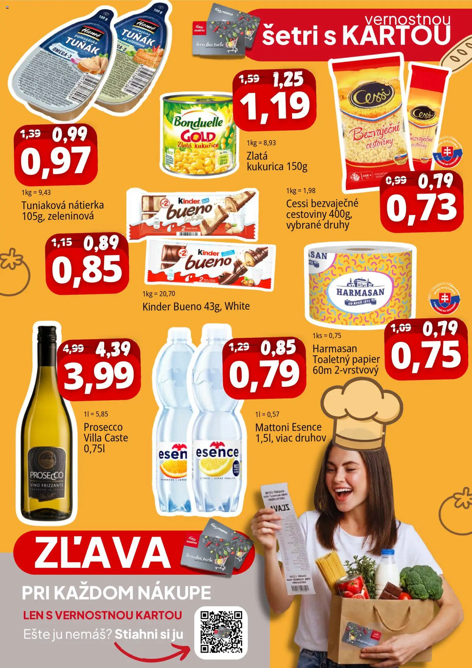 Nové CBA Komfos akcie – leták je platný od 01.04.2026 | Strana: 2 | Produkty: Prosecco, Kinder, Mattoni, Kukurica