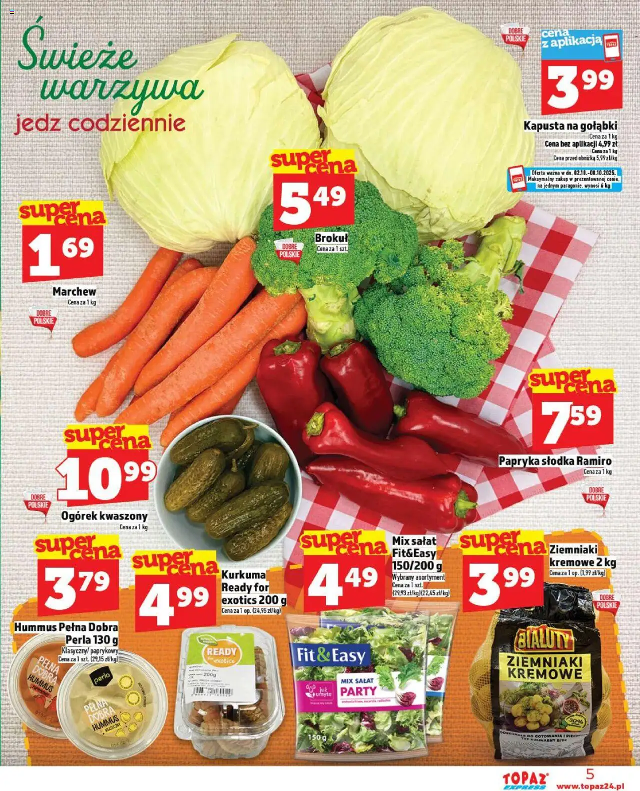 Topaz Gazetka - Express od 02.10.2025 | Strona: 5 | Produkty: Kapusta, Brokuł, Hummus klasyczny, Warzywa