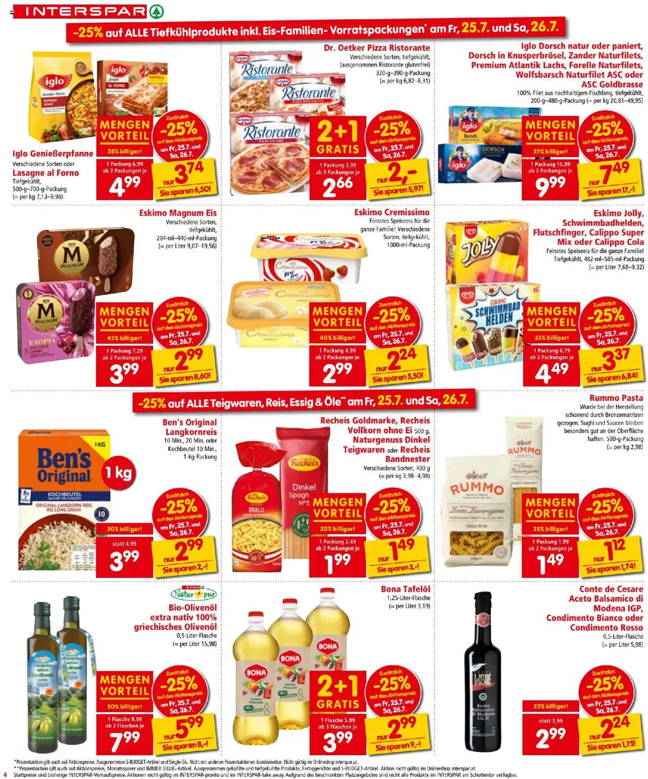Interspar Flugblatt gültig ab 24.07.2025 | Seite: 4 | Produkte: Pasta, Eis, Fertiggerichte, Pizza