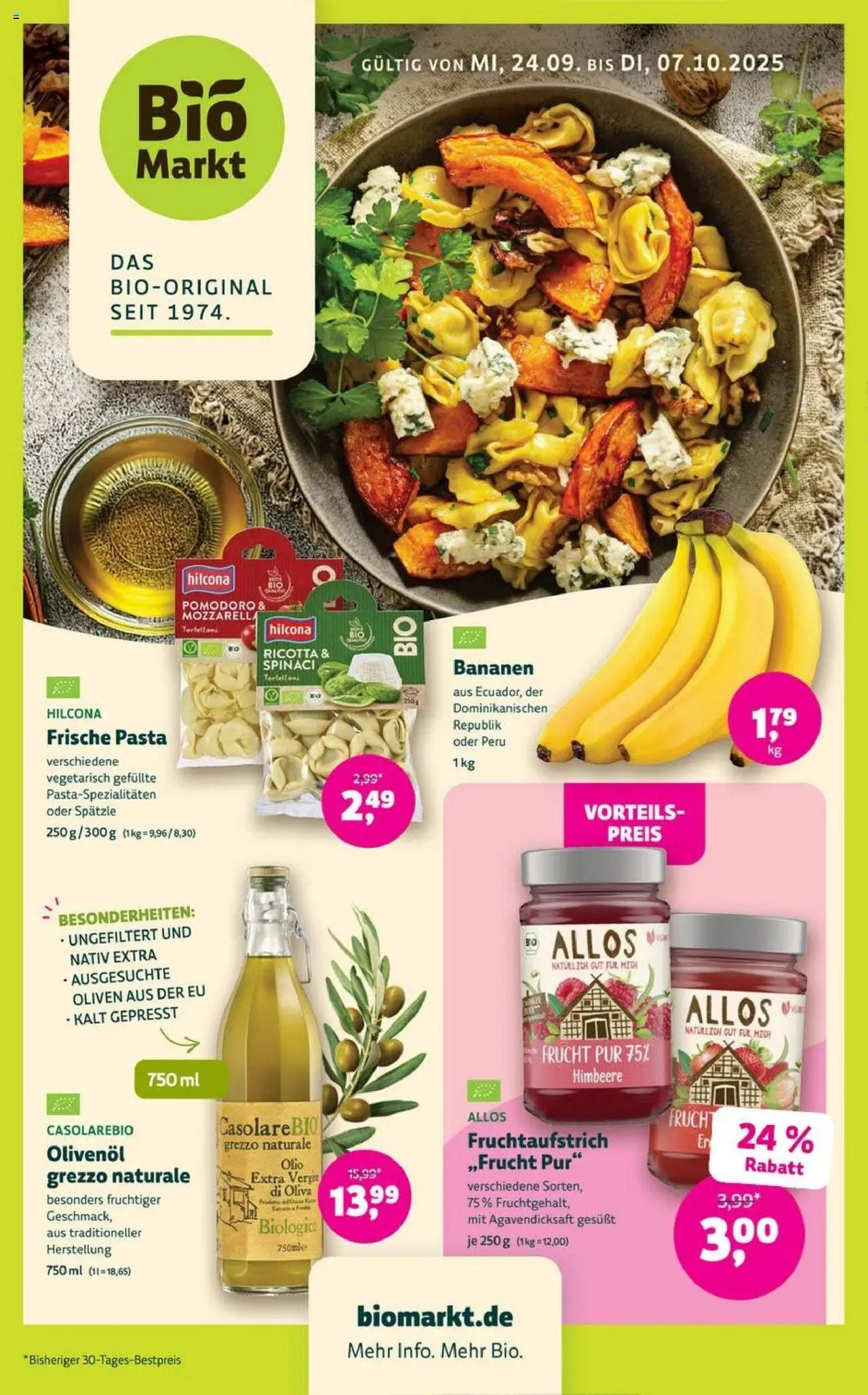 Denns BioMarkt Angebote – gültig ab 24.09.2025 | Seite: 1 | Produkte: Mozzarella, Olivenol, Bananen, Pasta