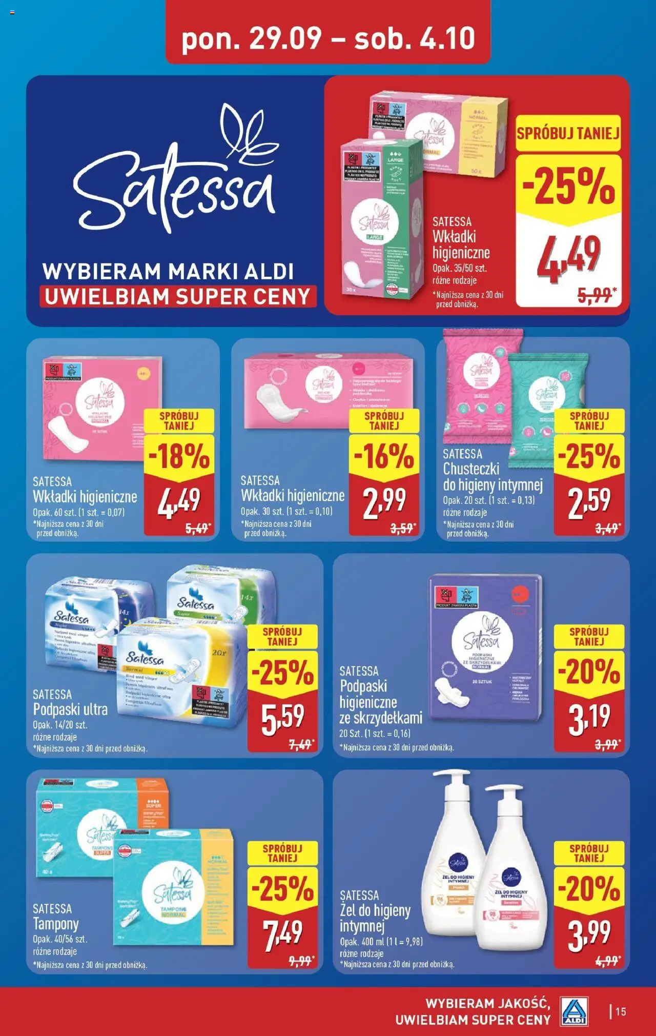 Aldi Gazetka od 29.09.2025 | Strona: 15 | Produkty: Tampony, Podpaski, Wkładki higieniczne