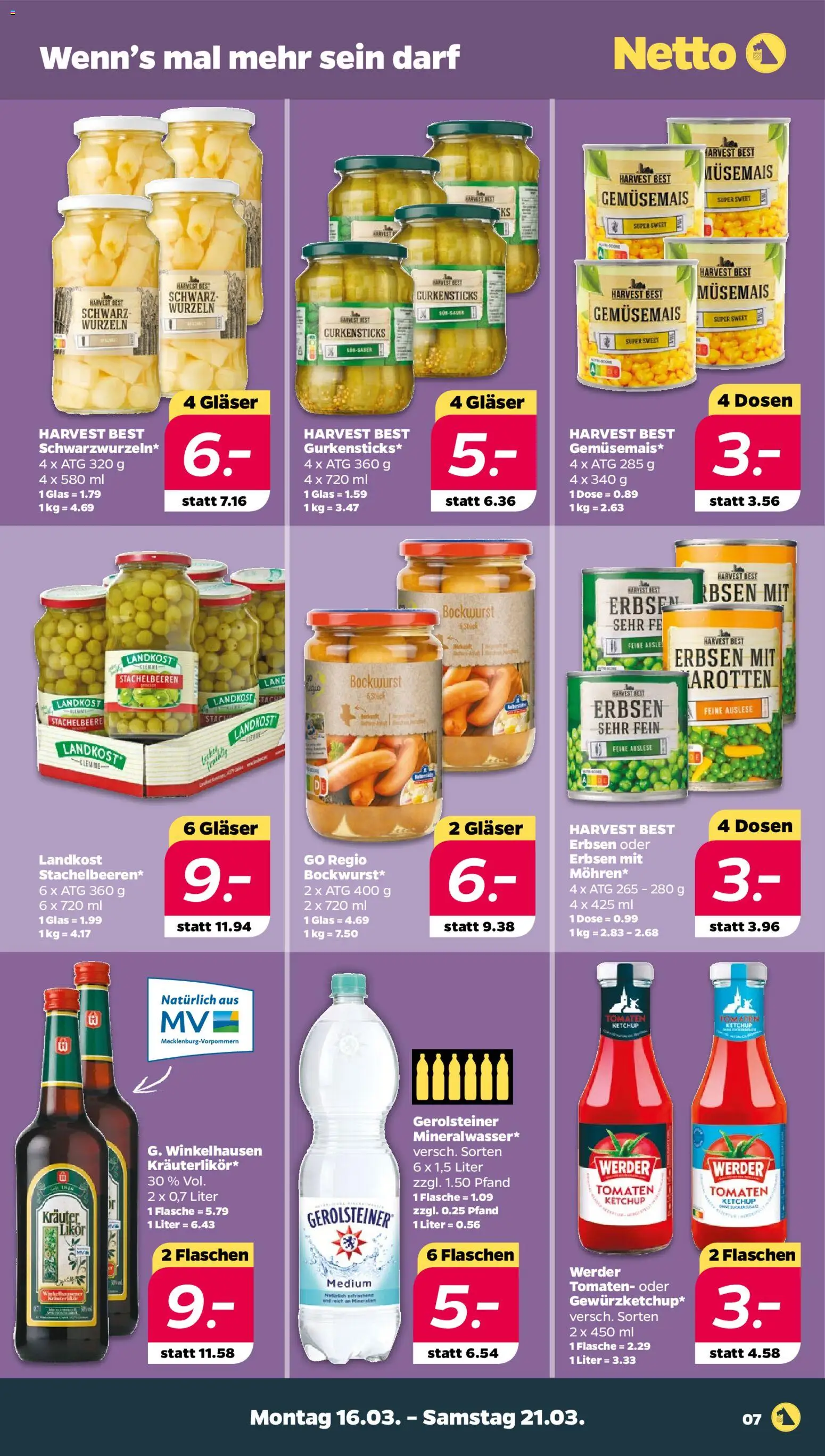 Netto Prospekt 	 – gültig ab 16.03.2026 | Seite: 7 | Produkte: Bockwurst, Ketchup, Erbsen, Gerolsteiner