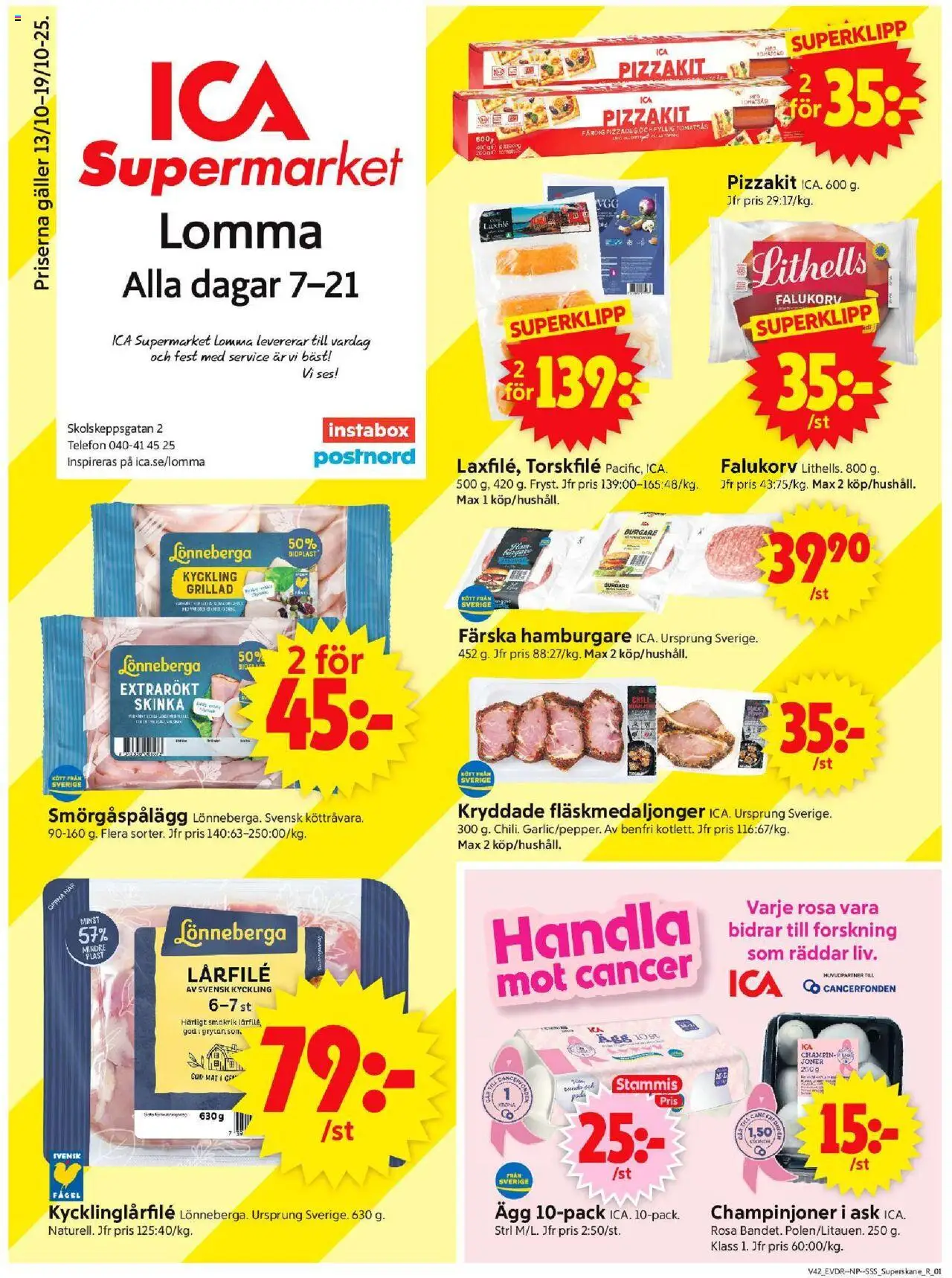 ICA Supermarket reklamblad aktuell från 13.10.2025 | Sida: 1 | Produkter: Hamburgare, Falukorv, Smörgåspålägg, Pizzakit