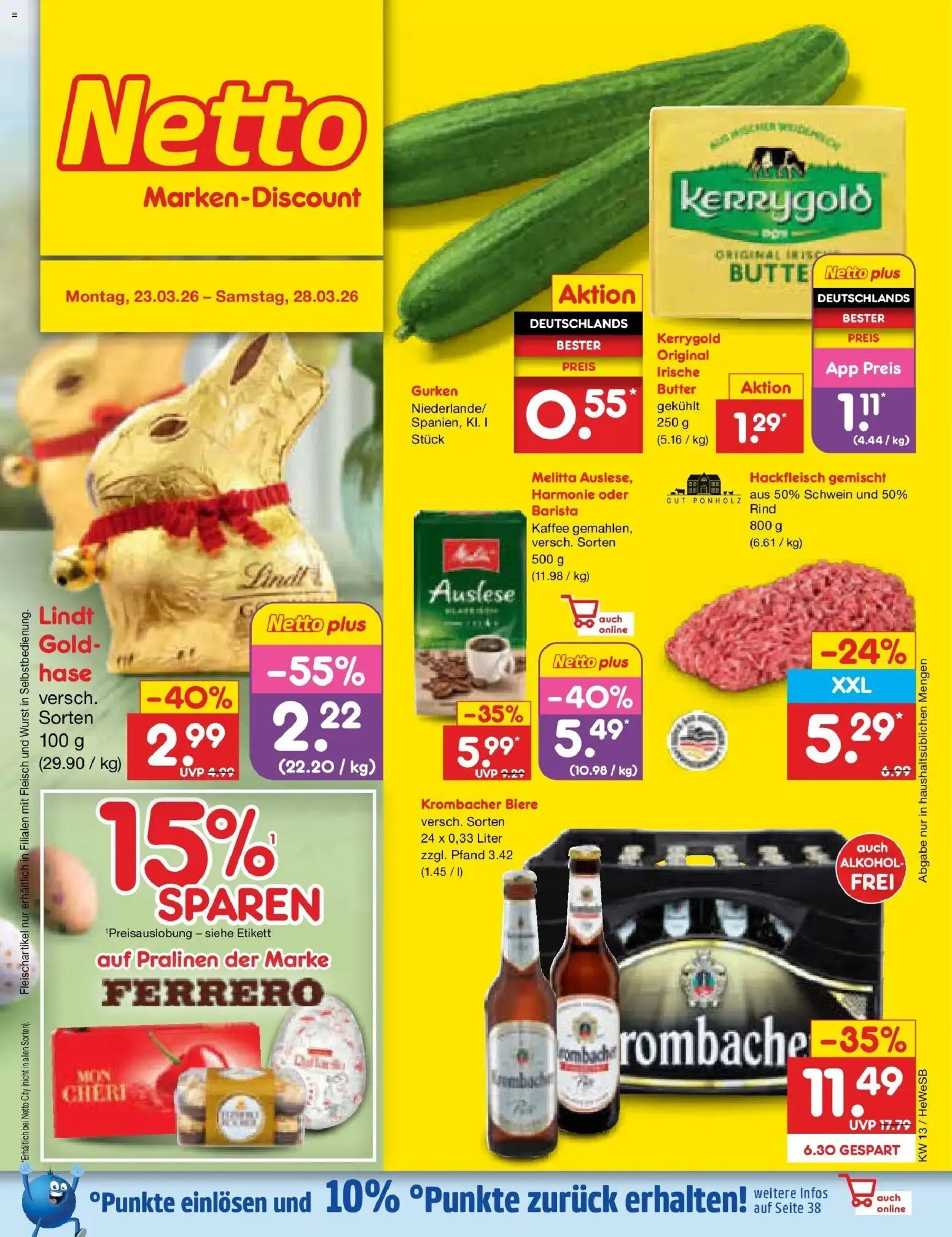 Netto Marken-Discount Prospekt Hamburg	 – gültig ab 23.03.2026 | Seite: 1 | Produkte: Melitta, Butter, Krombacher, Gurken