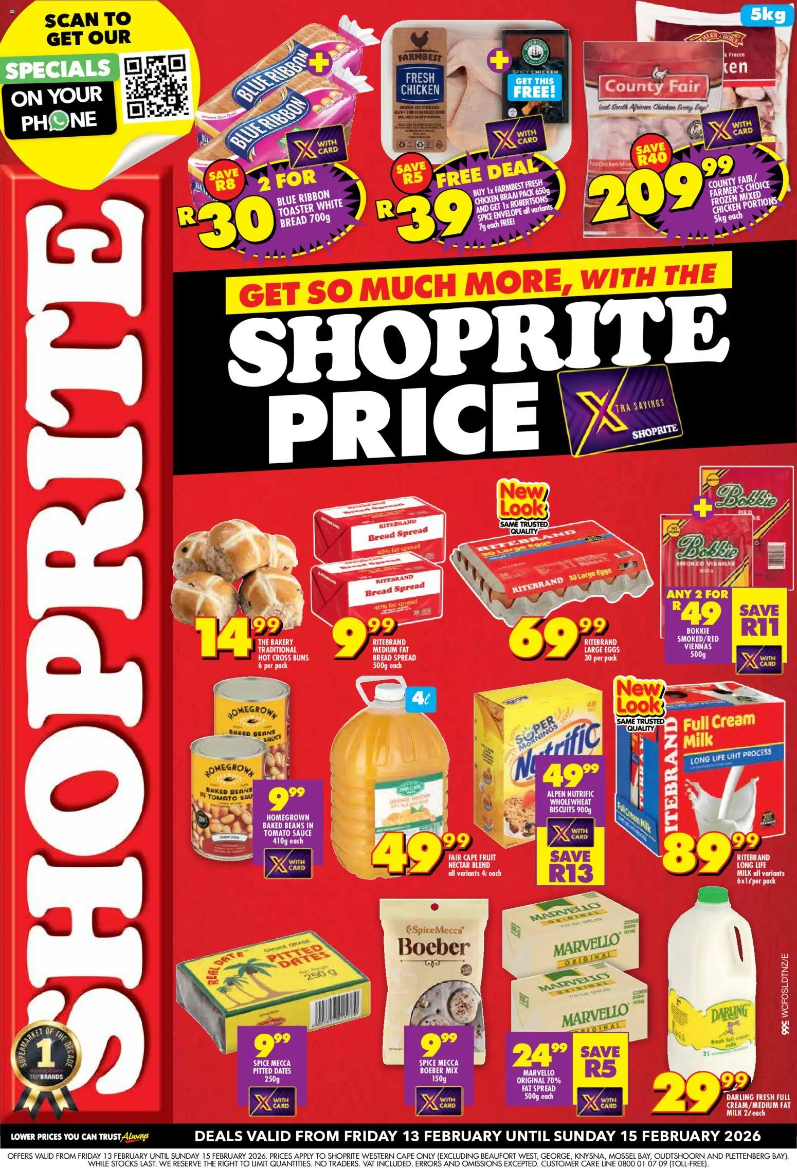 New Shoprite catalogue – valid from 13.02.2026 | Page: 1 | Products: Baked beans, Eggs, Biscuits, Fat spread