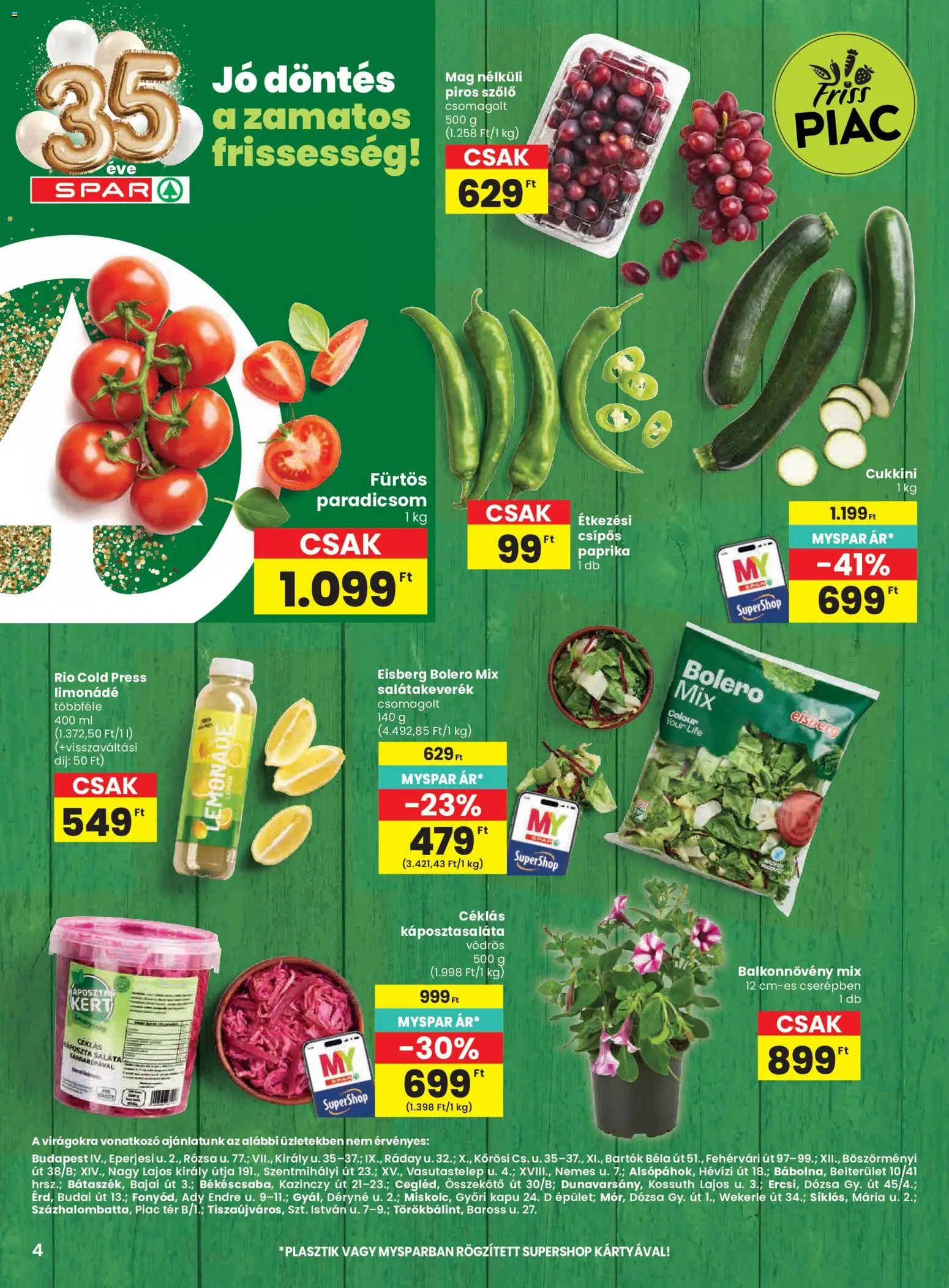 Spar akciós ujság - amely érvényes a következő dátumtól: 23.04.2026 | Oldal: 4 | Termékek: Szőlő, Cukkini, Limonádé, Paradicsom