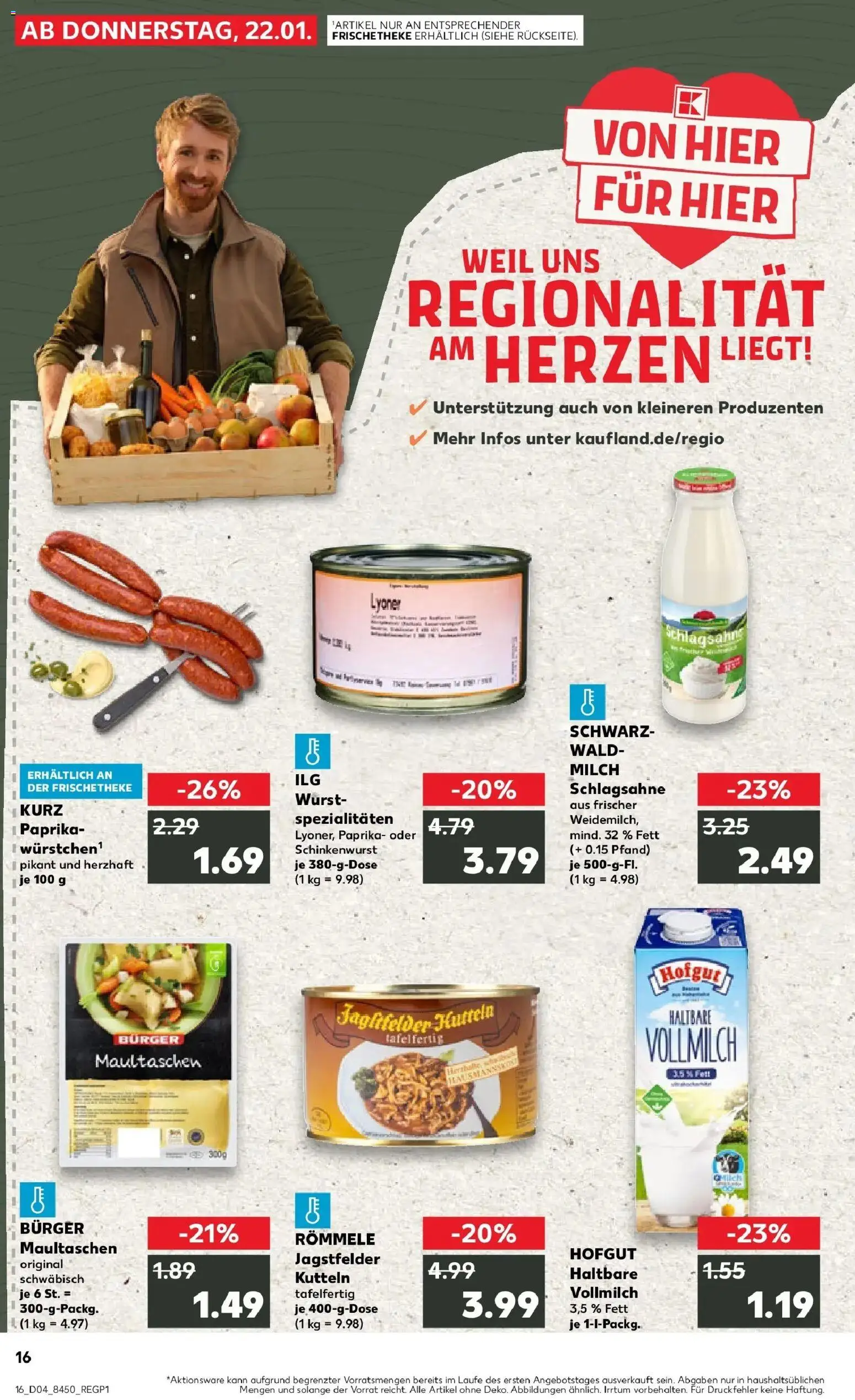 Prospekt Kaufland ab 22.01.2026 » Angebote Online zum Blättern | Seite: 16 | Produkte: Schlagsahne, Milch, Paprika, Wurst