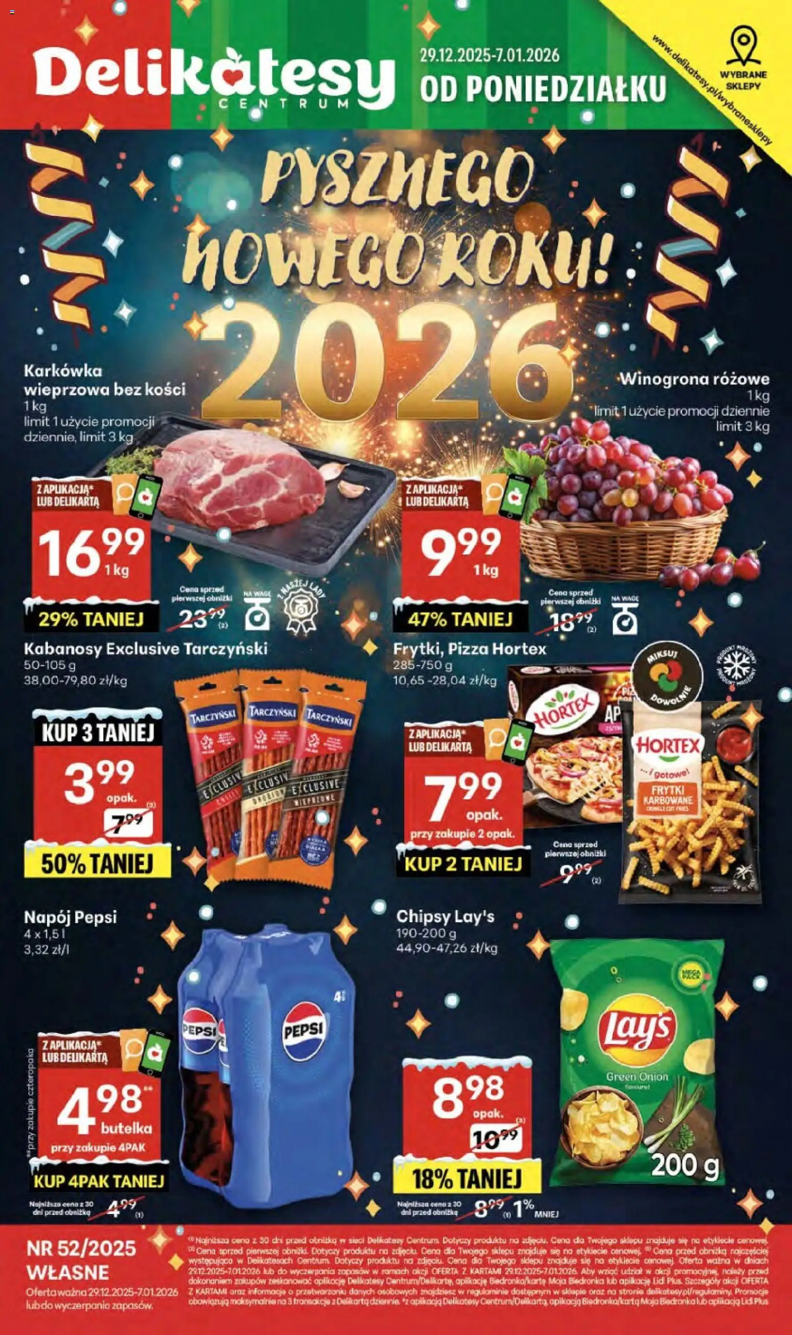 Delikatesy Centrum Gazetka - Sklepy Własne od 29.12.2025 | Strona: 1 | Produkty: Winogrona, Chipsy, Delikatesy, Pizza