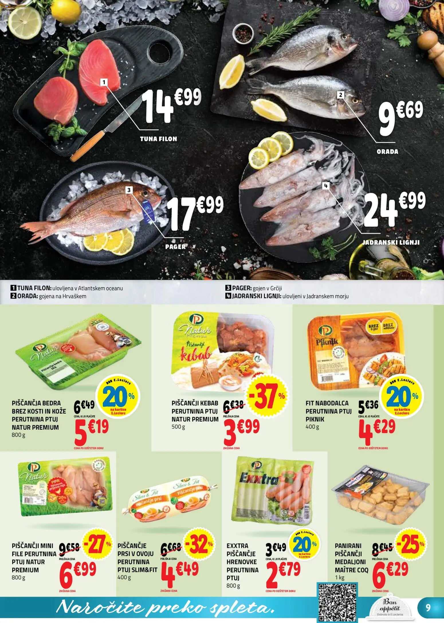 Novi E.leclerc katalog ponudbe – veljaven od 05.11.2025 | Stran: 9 | Izdelki: Lignji, Tuna, Piščančja bedra, Orada