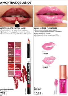 Pré-visualização ULTRA DELINEADOR PARA LÁBIOS, A cor do batom é a cor que verás nos teus lábios. Desliza sem esforço para definir e contornar os lábios. Com vitamina E e Tecnologia Ultra Colour HD Pigment válido de 01.04.2026 | Página: 46 | Produtos: Delineador, Batom, Óleo, Abacate