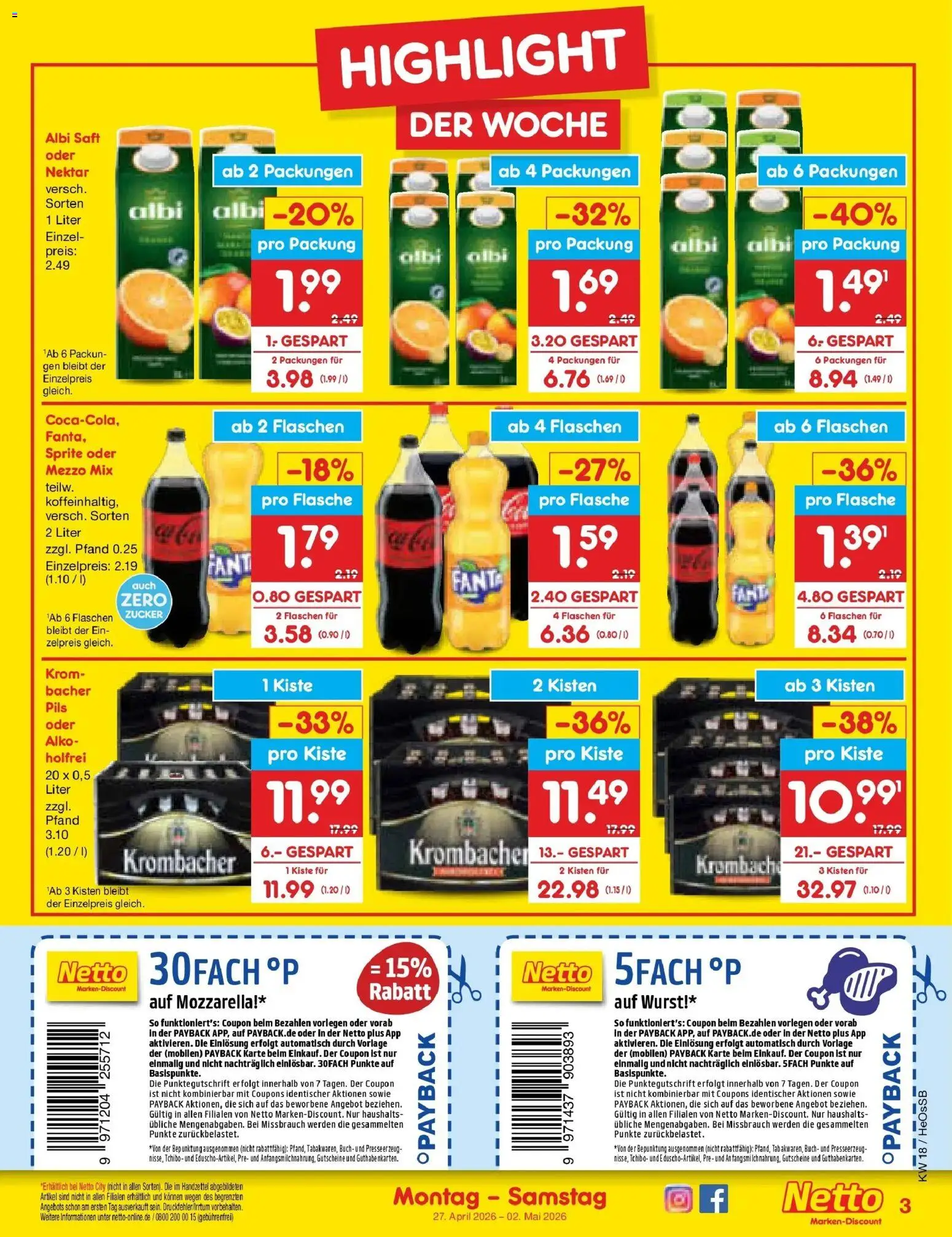 Netto Marken-Discount Prospekt Kröpelin	 – gültig ab 27.04.2026 | Seite: 3 | Produkte: Mezzo mix, Sprite, Pils, Saft