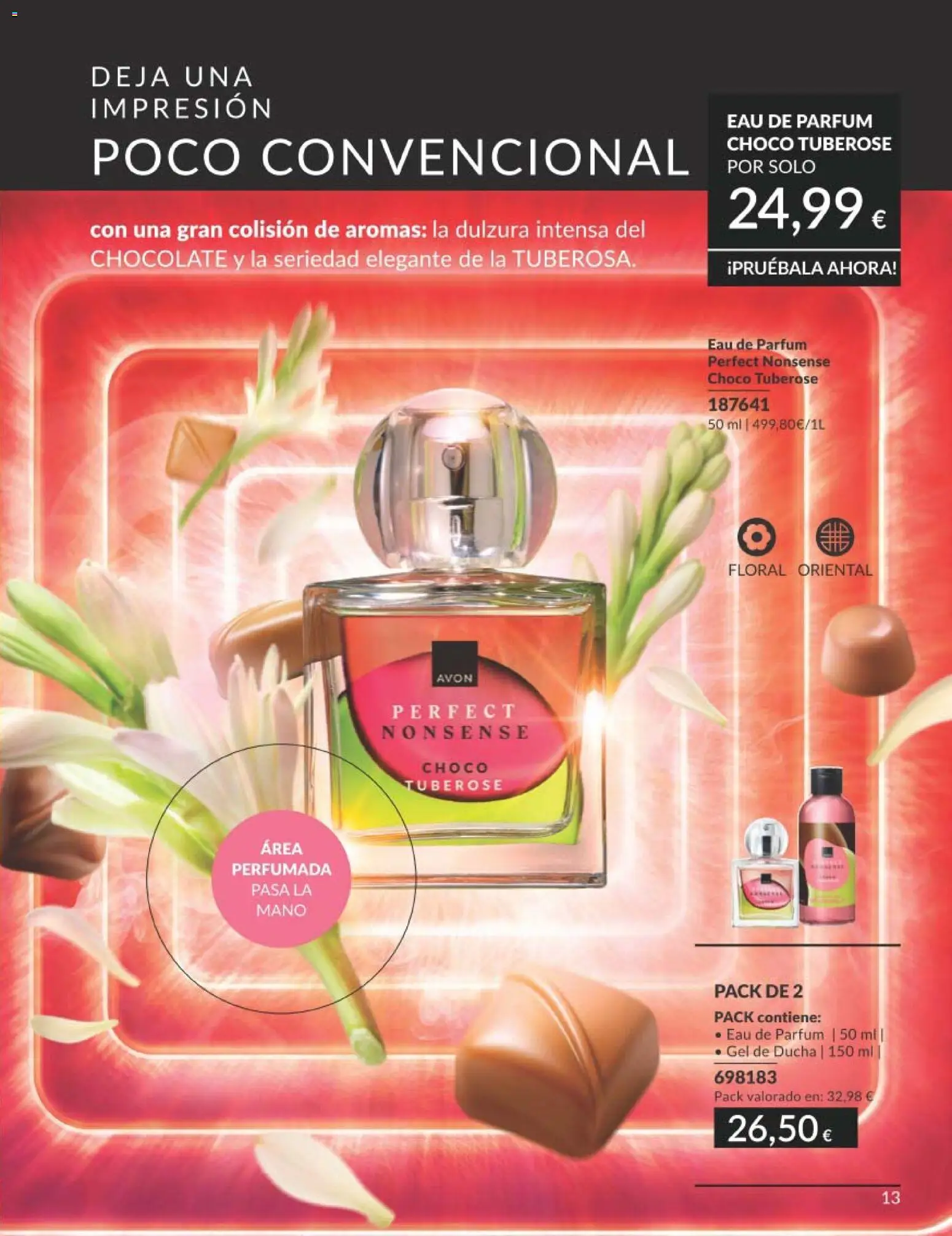 Catálogo AVON campaña 3 │ válido desde el 01.03.2026 | Página: 13 | Productos: Perfume, Gel de ducha, Chocolate, Eau de parfum