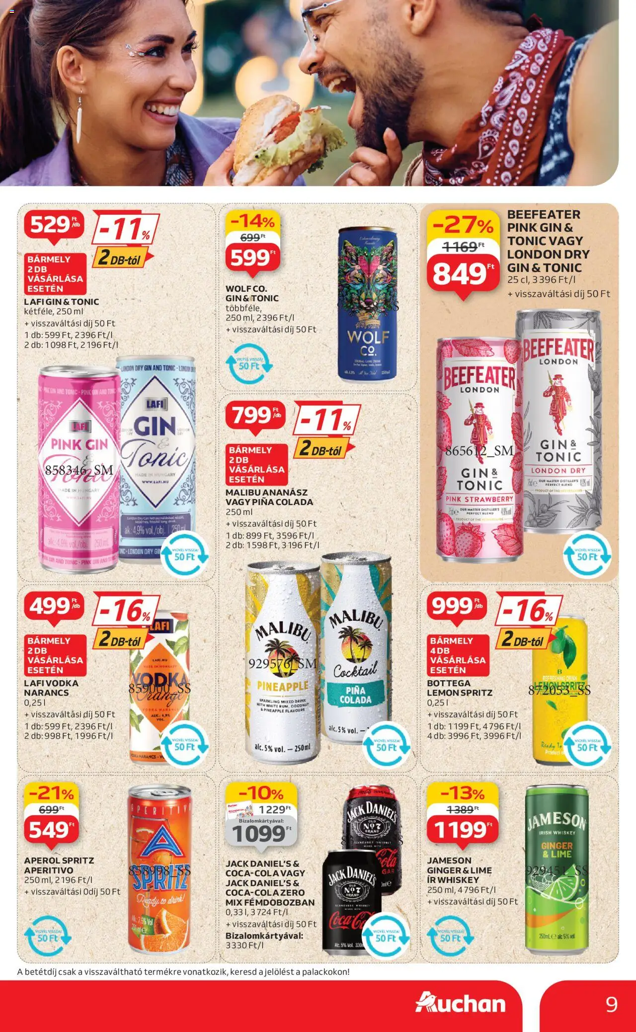 Auchan akciós ujság - amely érvényes a következő dátumtól: 19.06.2025 | Oldal: 9 | Termékek: Malibu, Whiskey, Ananász, Gin