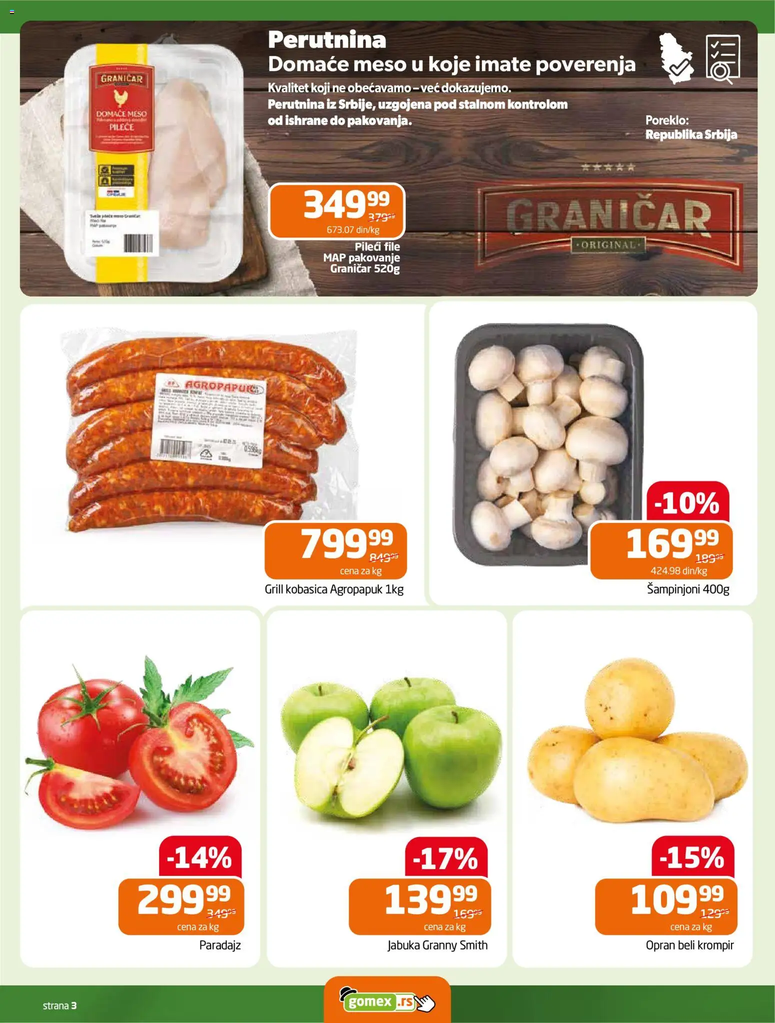 Gomex katalog - važi od 29.04.2026 | Strana: 3 | Proizvode: Pileći file, Šampinjoni, Pakovanje, Beli krompir
