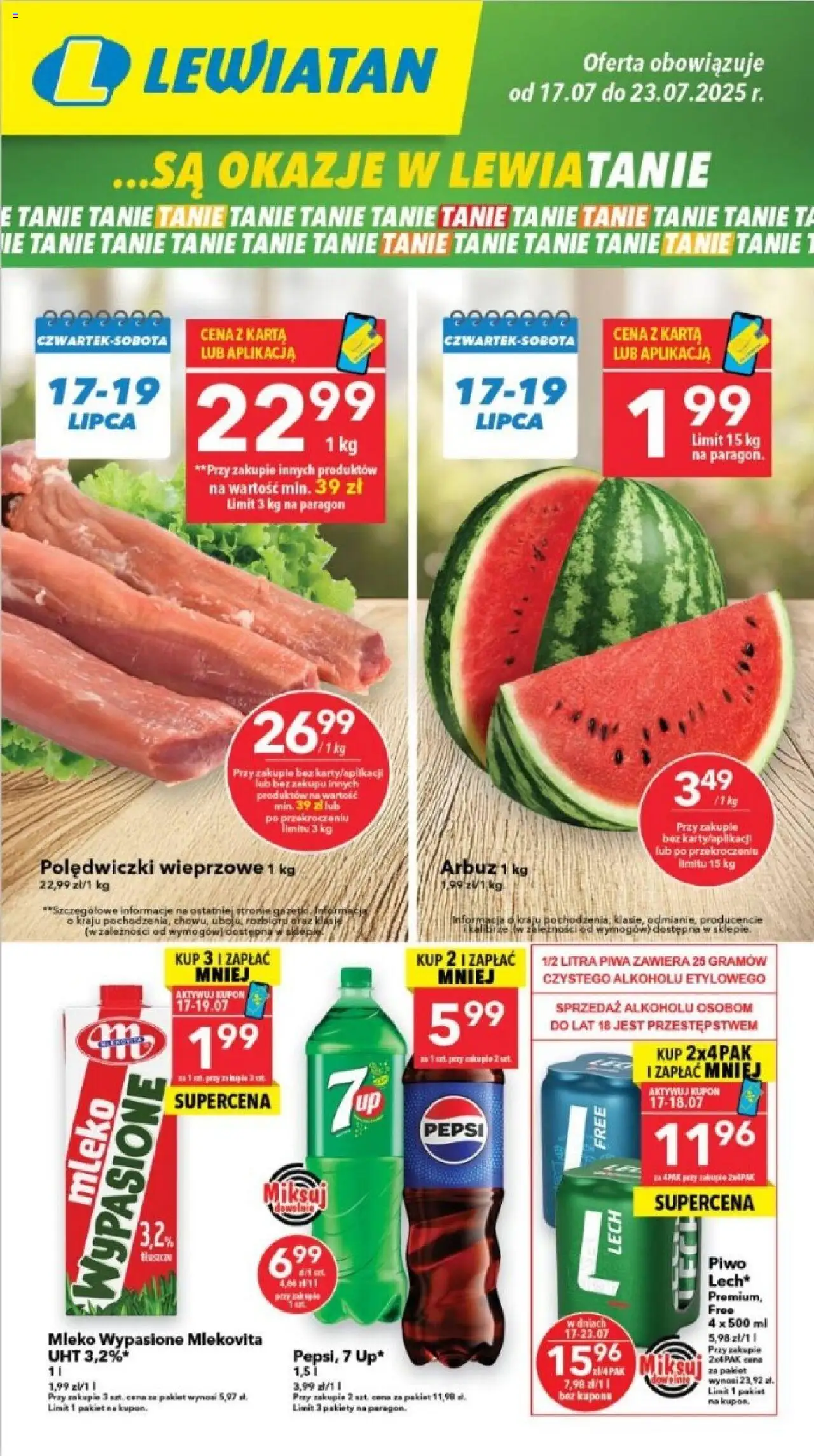 Lewiatan gazetka - Lublin od 17.07.2025 | Strona: 1 | Produkty: Mleko wypasione, Arbuz, Mleko, Piwo