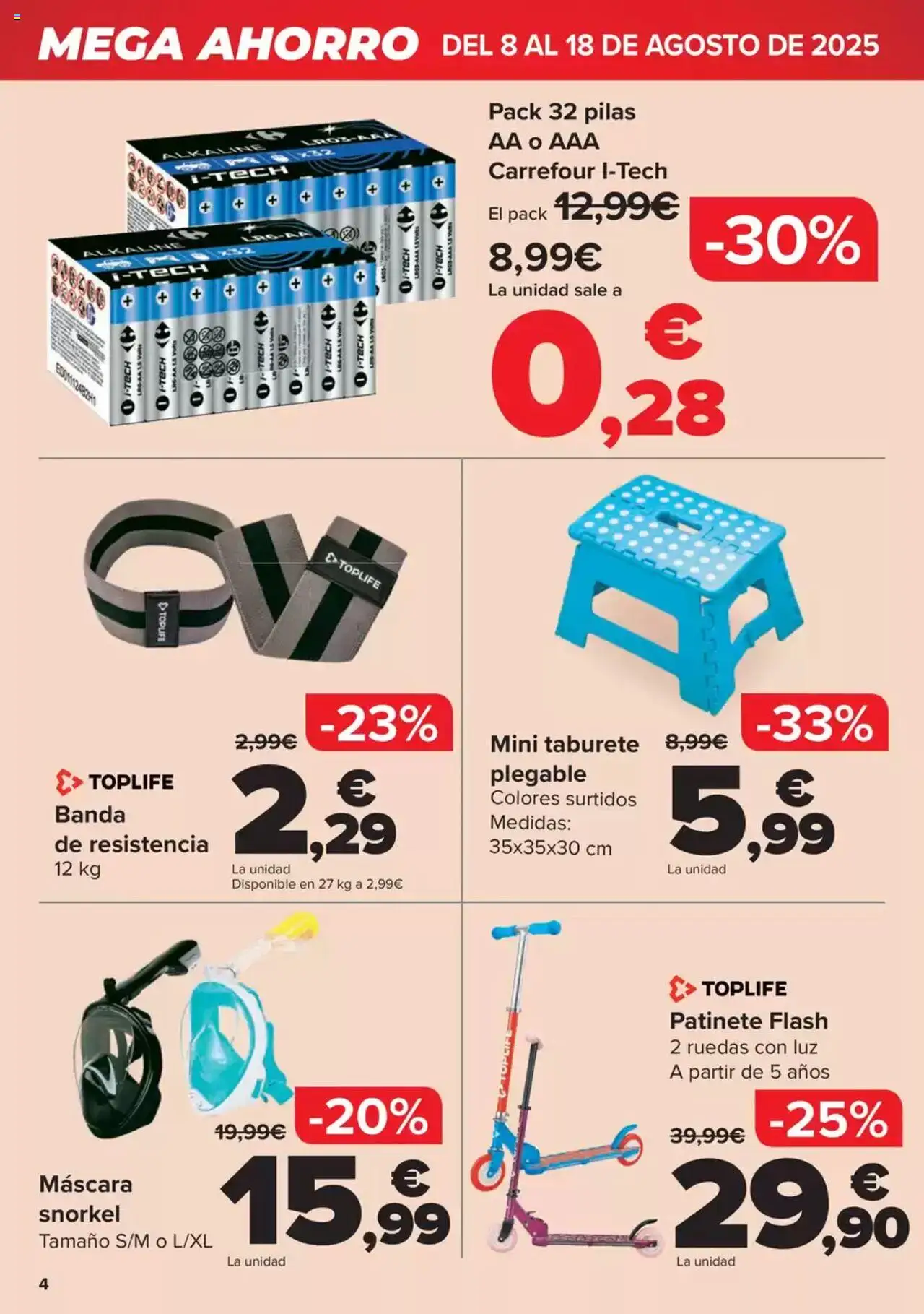Carrefour Mega Ahorro │ válido desde el 08.08.2025 | Página: 4 | Productos: Máscara, Taburete, Patinete