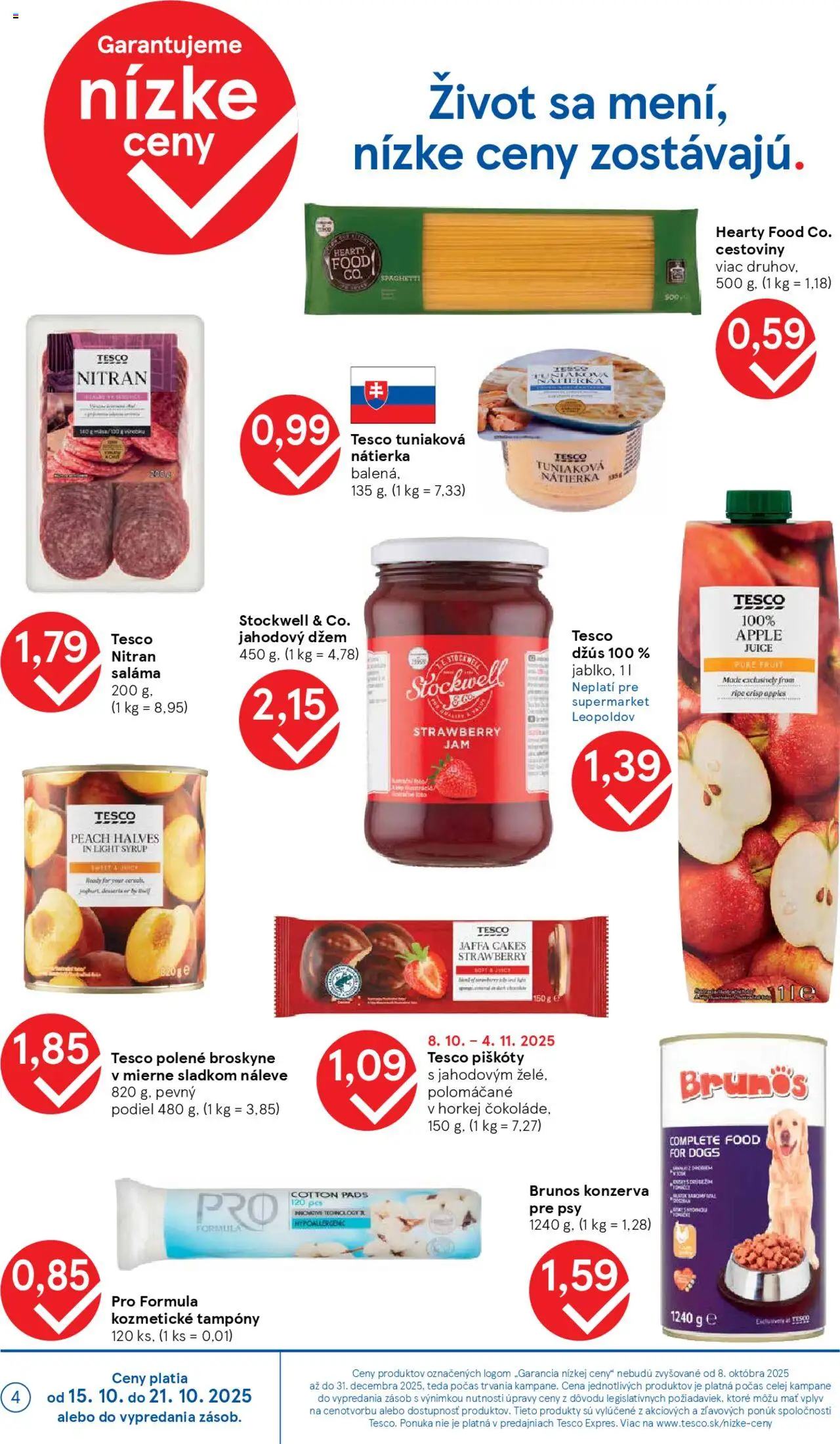 Nové Tesco akcie – leták je platný od 15.10.2025 | Strana: 4 | Produkty: Saláma, Cestoviny, Apple, Broskyne