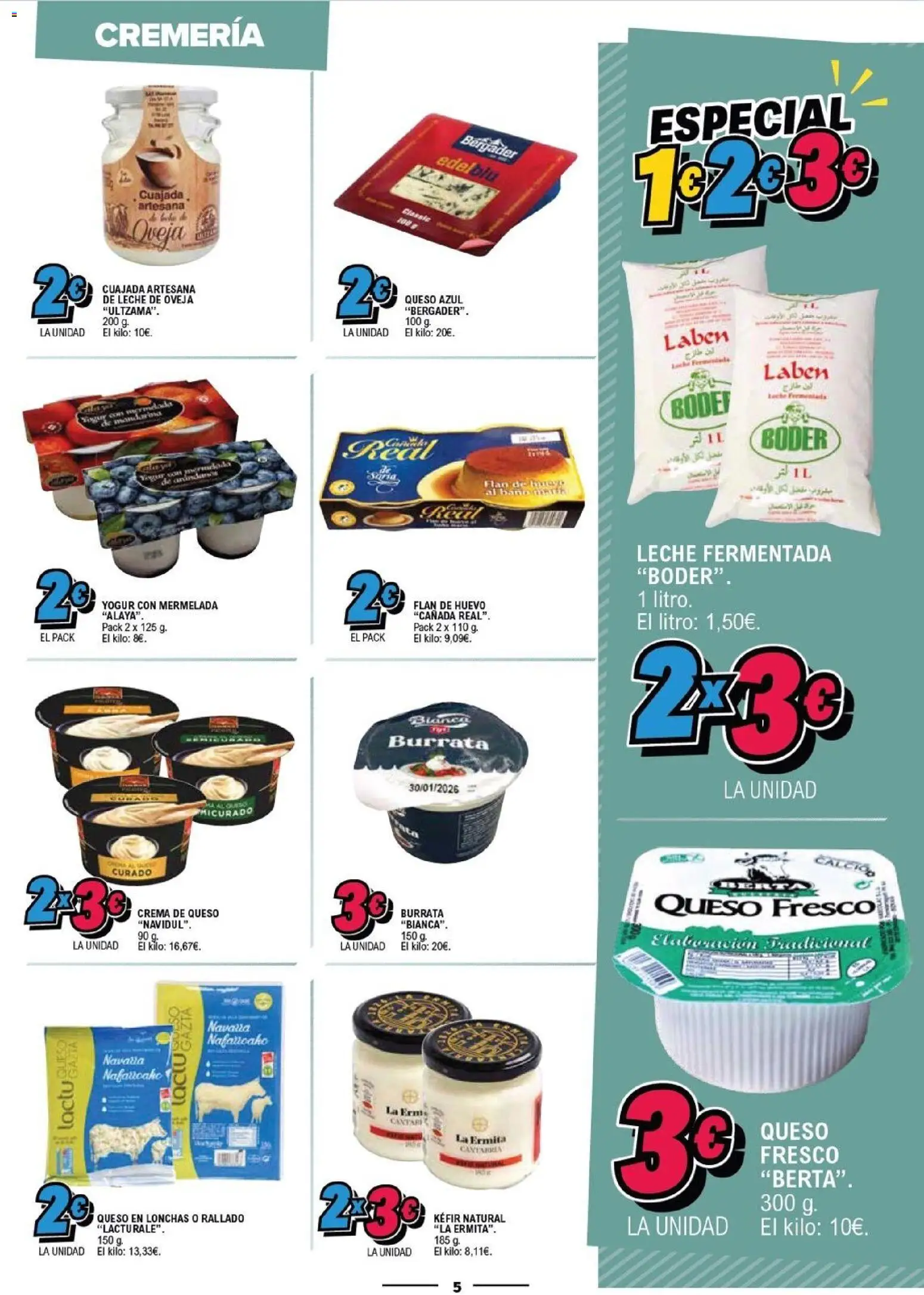 E.Leclerc folleto │ válido desde el 28.01.2026 | Página: 5 | Productos: Leche, Yogur, Queso fresco, Baño