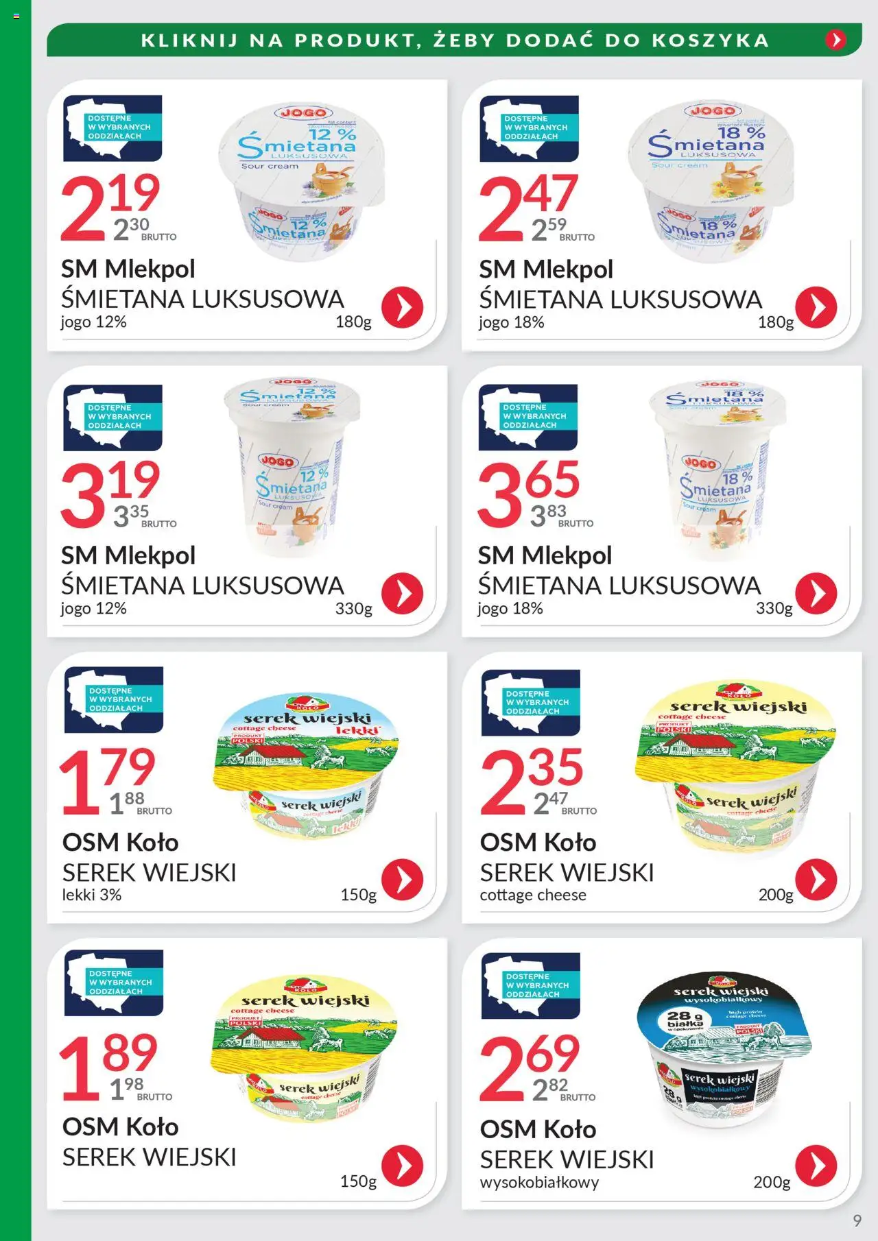 Eurocash Gazetka - Oferta Południe od 31.08.2025 | Strona: 9 | Produkty: Serek wiejski, Serek wiejski wysokobiałkowy, Śmietana, Serek wiejski lekki