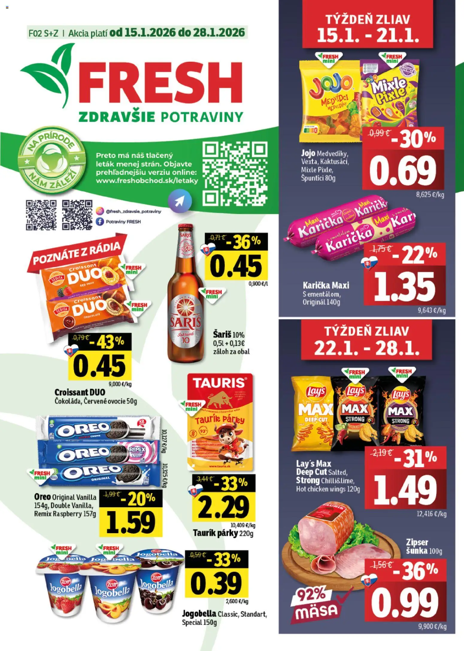 Nové Fresh akcie – leták je platný od 15.01.2026 | Strana: 1 | Produkty: Šunka, Croissant, Šariš, Ovocie