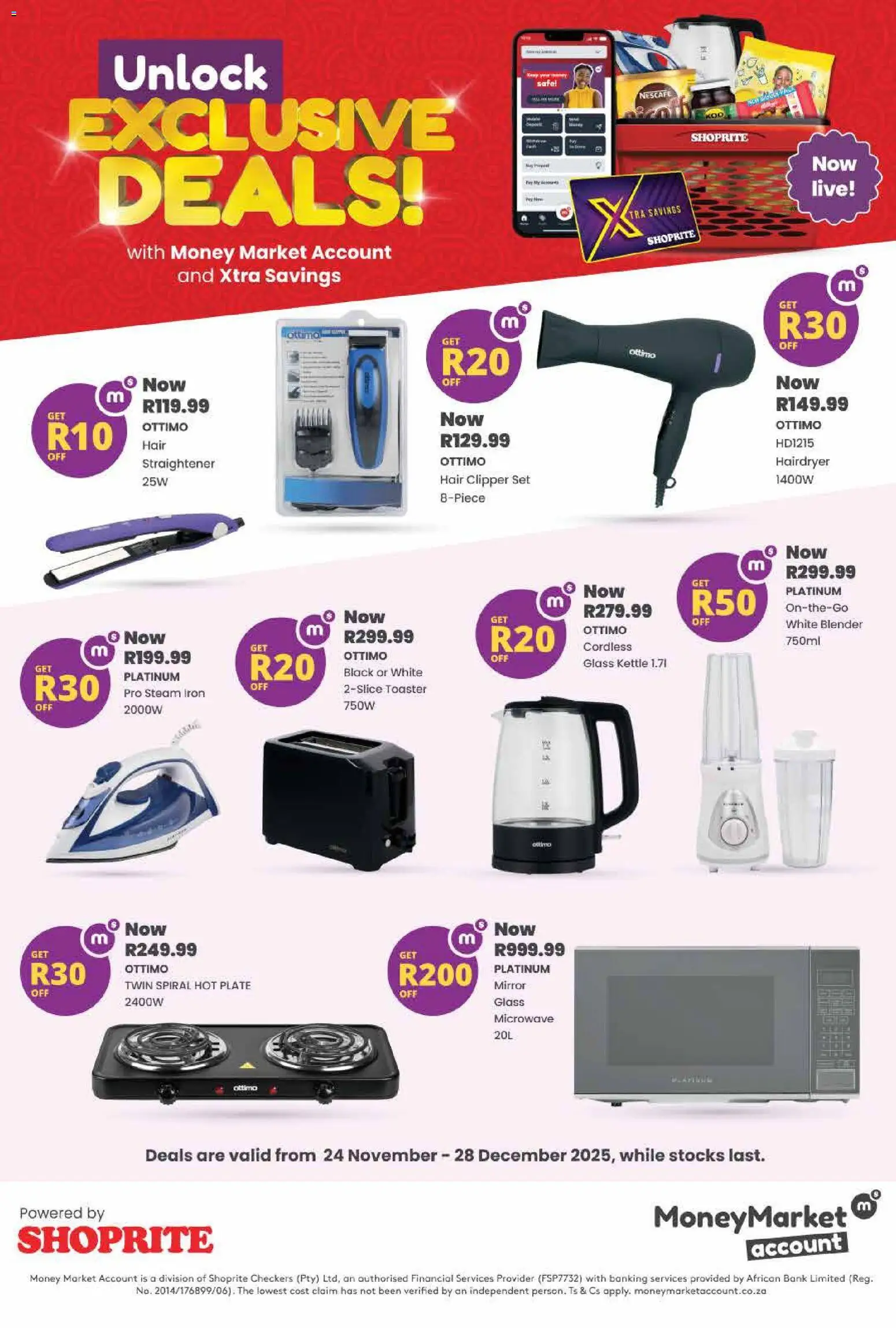 New Shoprite catalogue – valid from 24.11.2025 | Page: 1 | Products: Kettle, Iron, Mirror, Blender