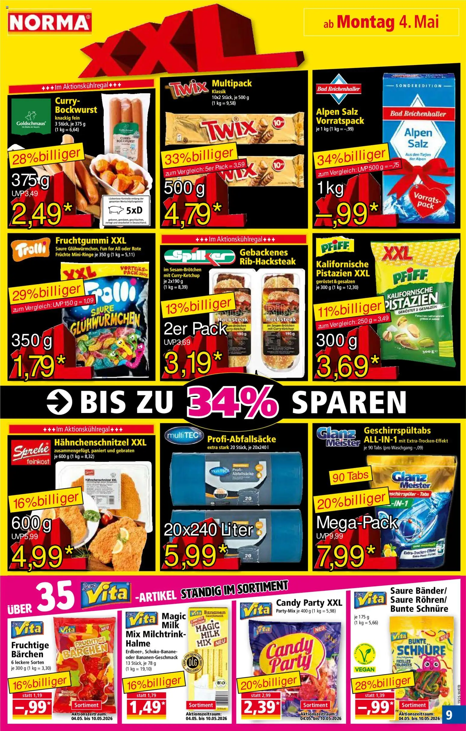 Norma Prospekt 	 – gültig ab 04.05.2026 | Seite: 9 | Produkte: Bananen, Pistazien, Twix, Salz