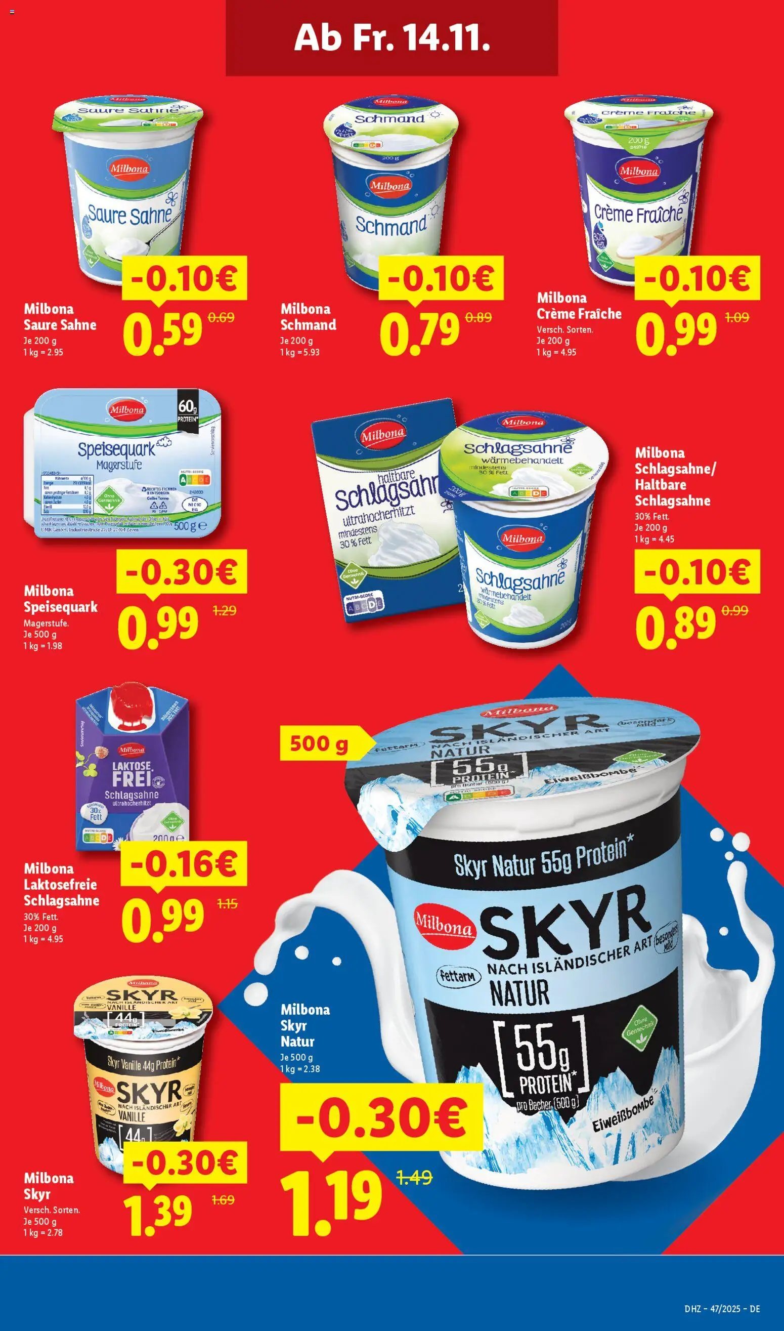 Lidl Prospekt Uffenheim – gültig ab 17.11.2025 | Seite: 3 | Produkte: Schlagsahne, Creme, Skyr, Speisequark