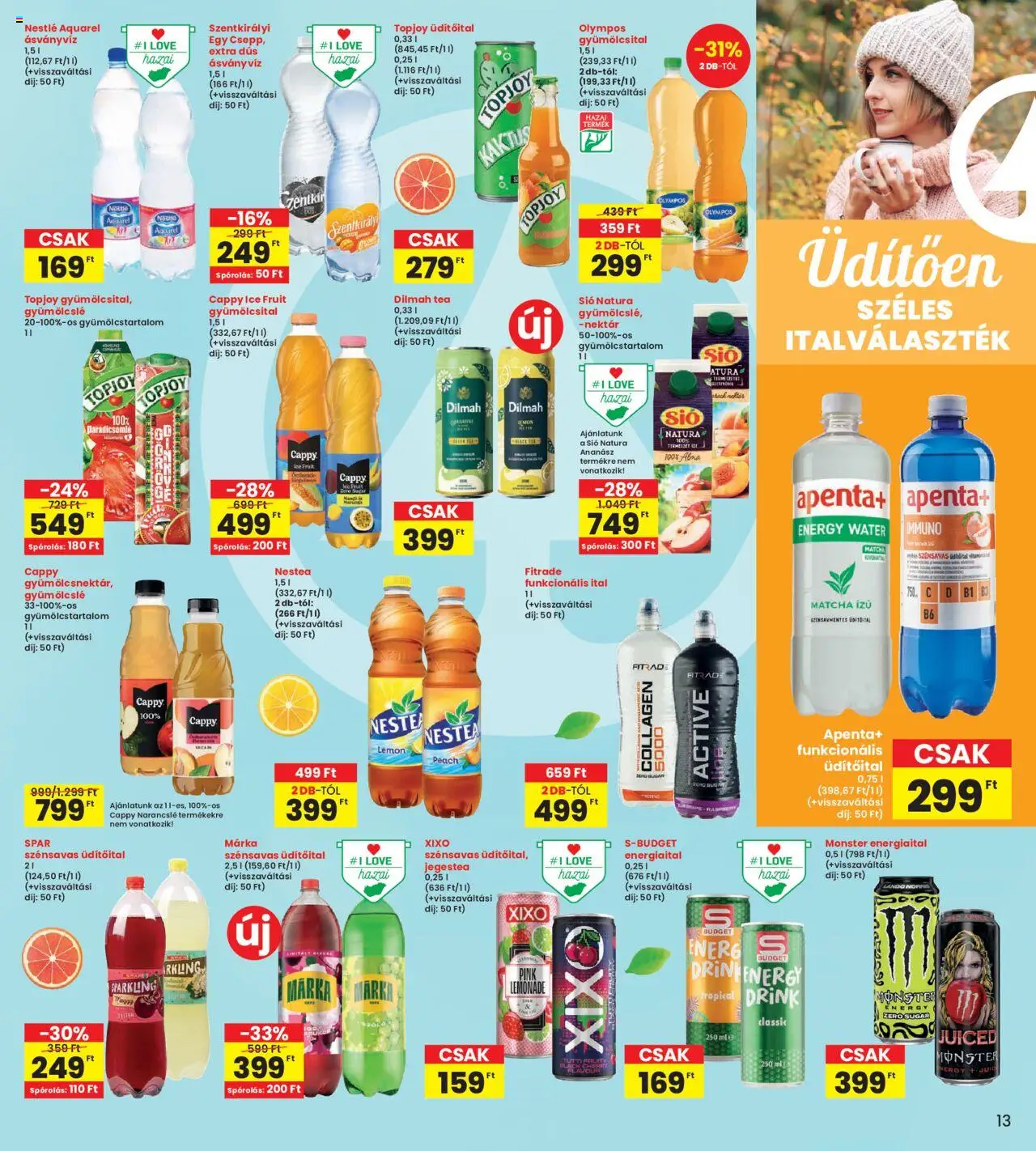 Interspar akciós ujság - amely érvényes a következő dátumtól: 24.10.2025 | Oldal: 13 | Termékek: Energiaital, Paradicsomlé, Ásványvíz, Narancslé