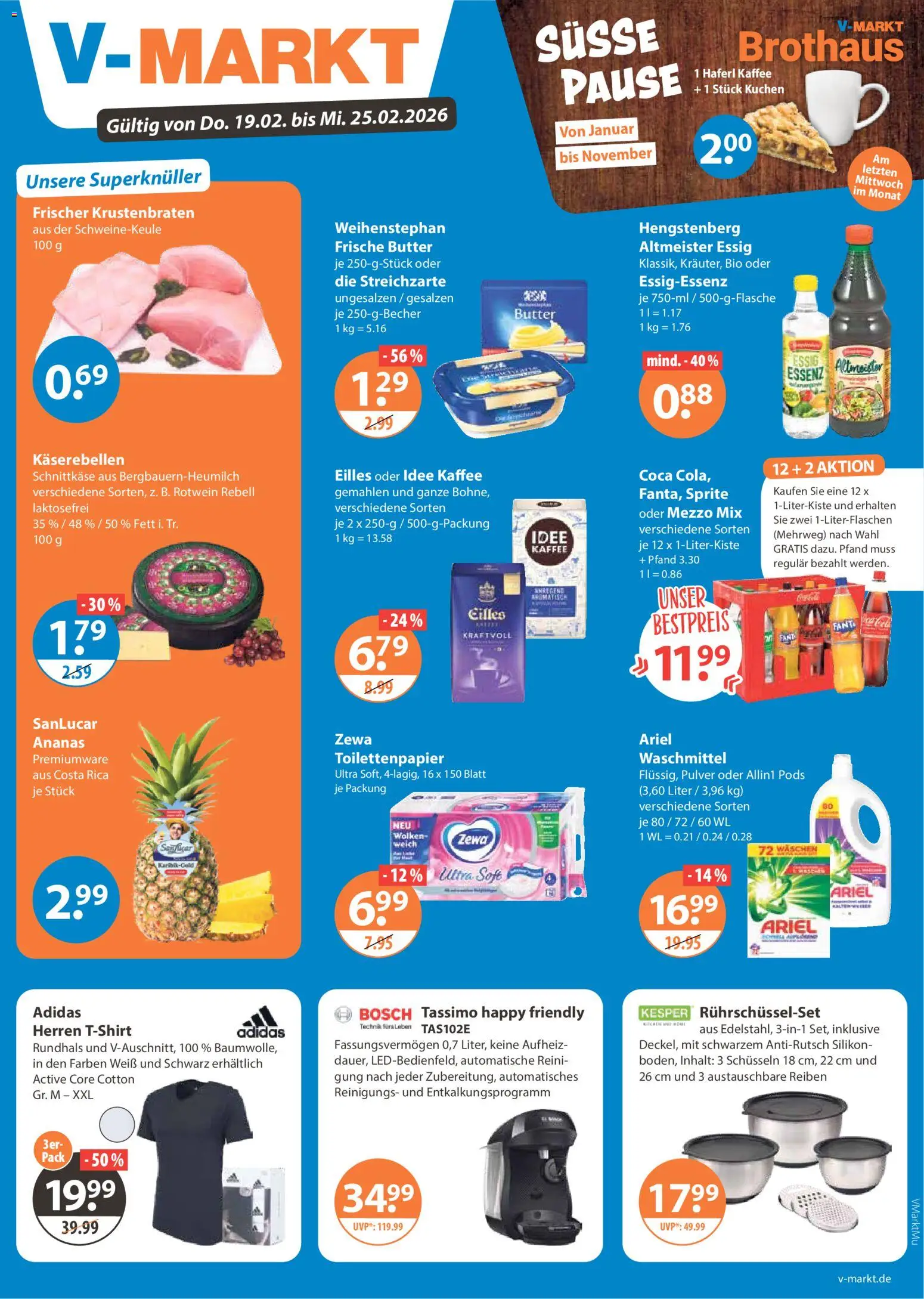 V-Markt - München – gültig ab 19.02.2026 | Seite: 1 | Produkte: Essig, Rotwein, Zewa, Krustenbraten